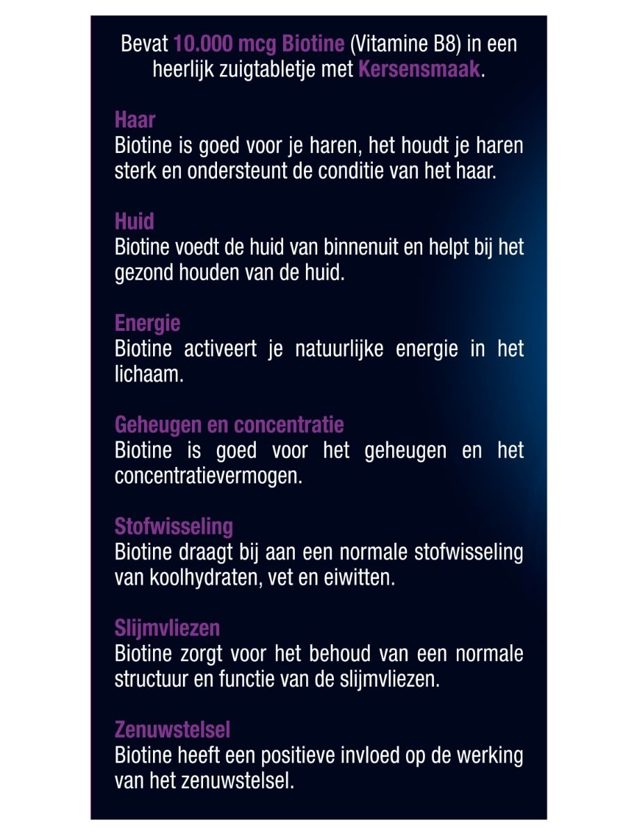 Achterkant verpakking Lucovitaal Biotine. Bevat informatie over de voordelen van biotine.