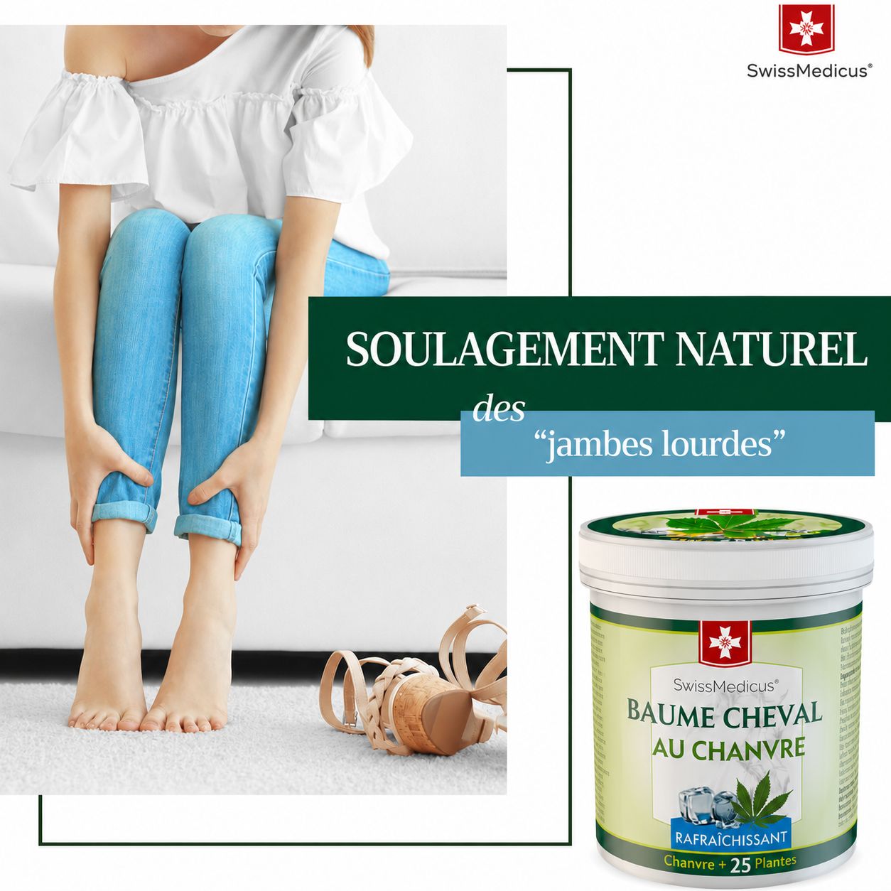 Baume cheval SwissMedicus au chanvre, rafraîchissant, 25 plantes.