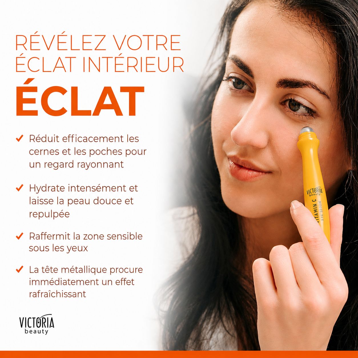 Rouleau contour des yeux jaune avec applicateur métallique rafraîchissant et inscription Vitamine C.