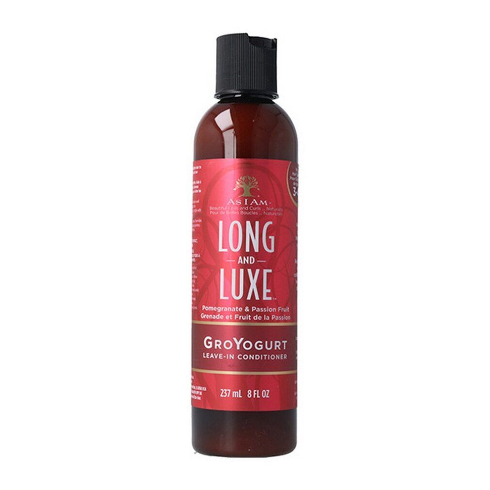Bouteille marron avec étiquette rouge. Texte: LONG AND LUXE, GroYogurt Leave-In Conditioner. Bouchon noir. 237 ml 8 fl oz.