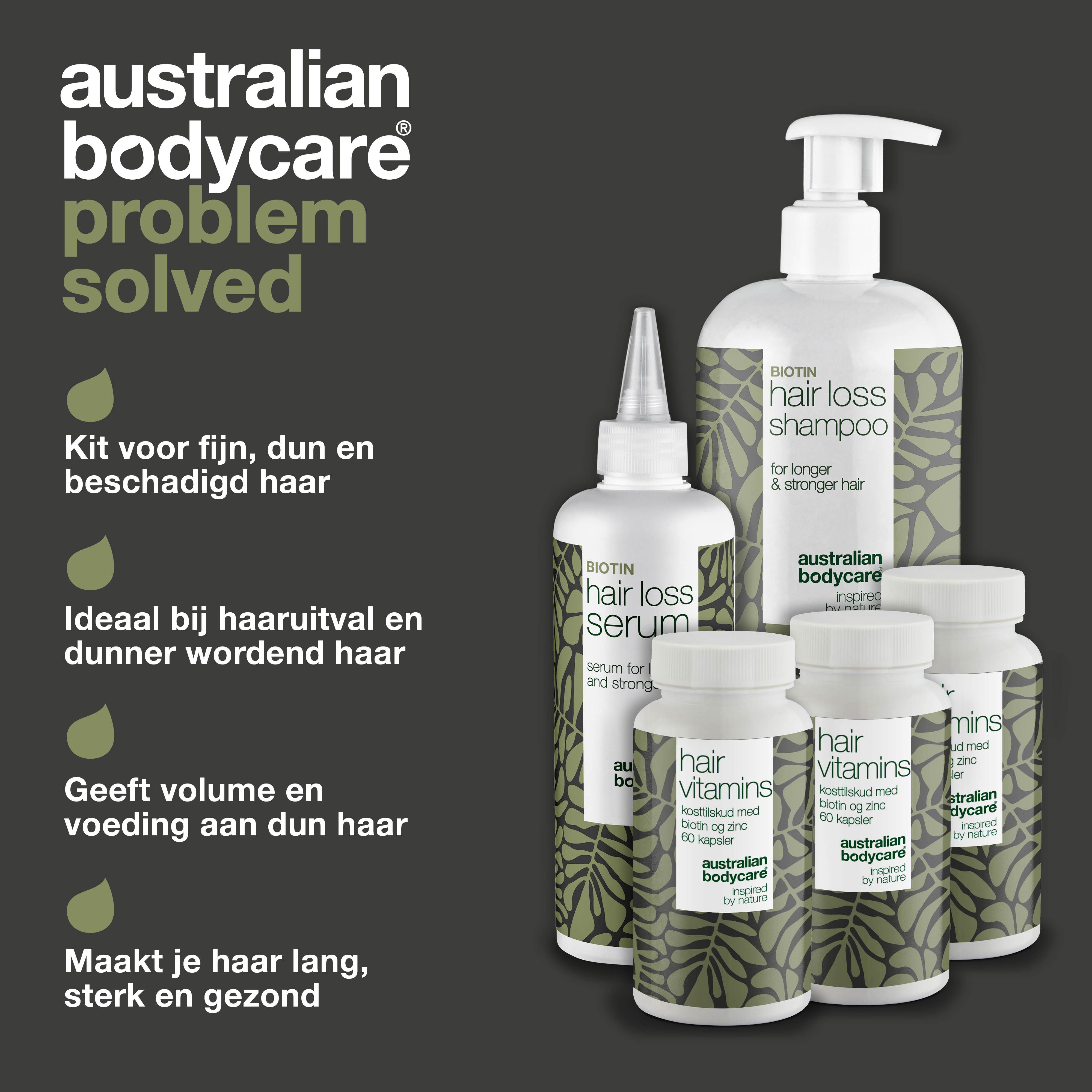 Producten. Opschrift: Hair Loss Shampoo, Hair Loss Serum, Hair Vitamins. Merk: Australian Bodycare. Tekst: Problem Solved.