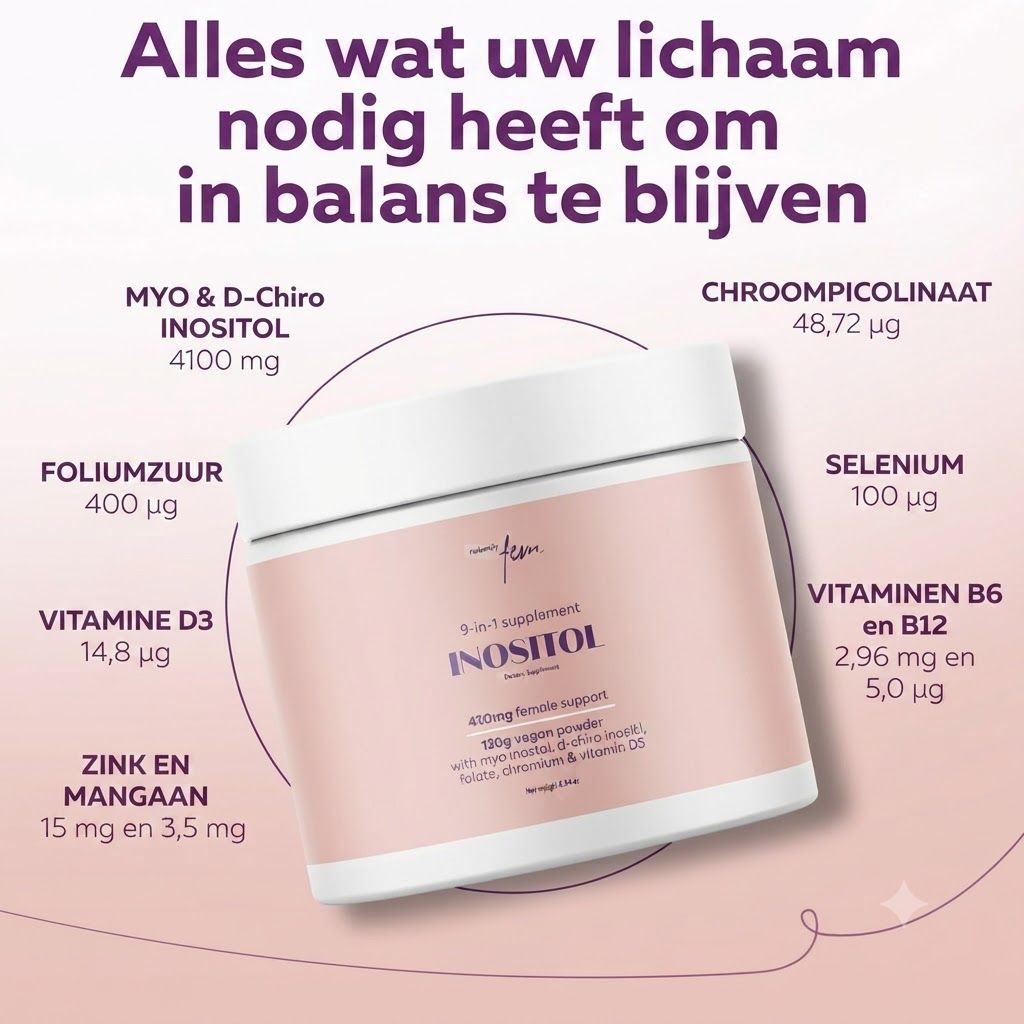 Een pot met inositolpoeder, omringd door informatie over ingrediënten zoals foliumzuur, selenium en vitaminen.