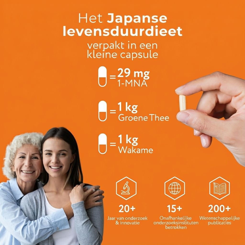 Een capsule met 29 mg 1-MNA, 1 kg Groene Thee en 1 kg Wakame. Twee lachende vrouwen.