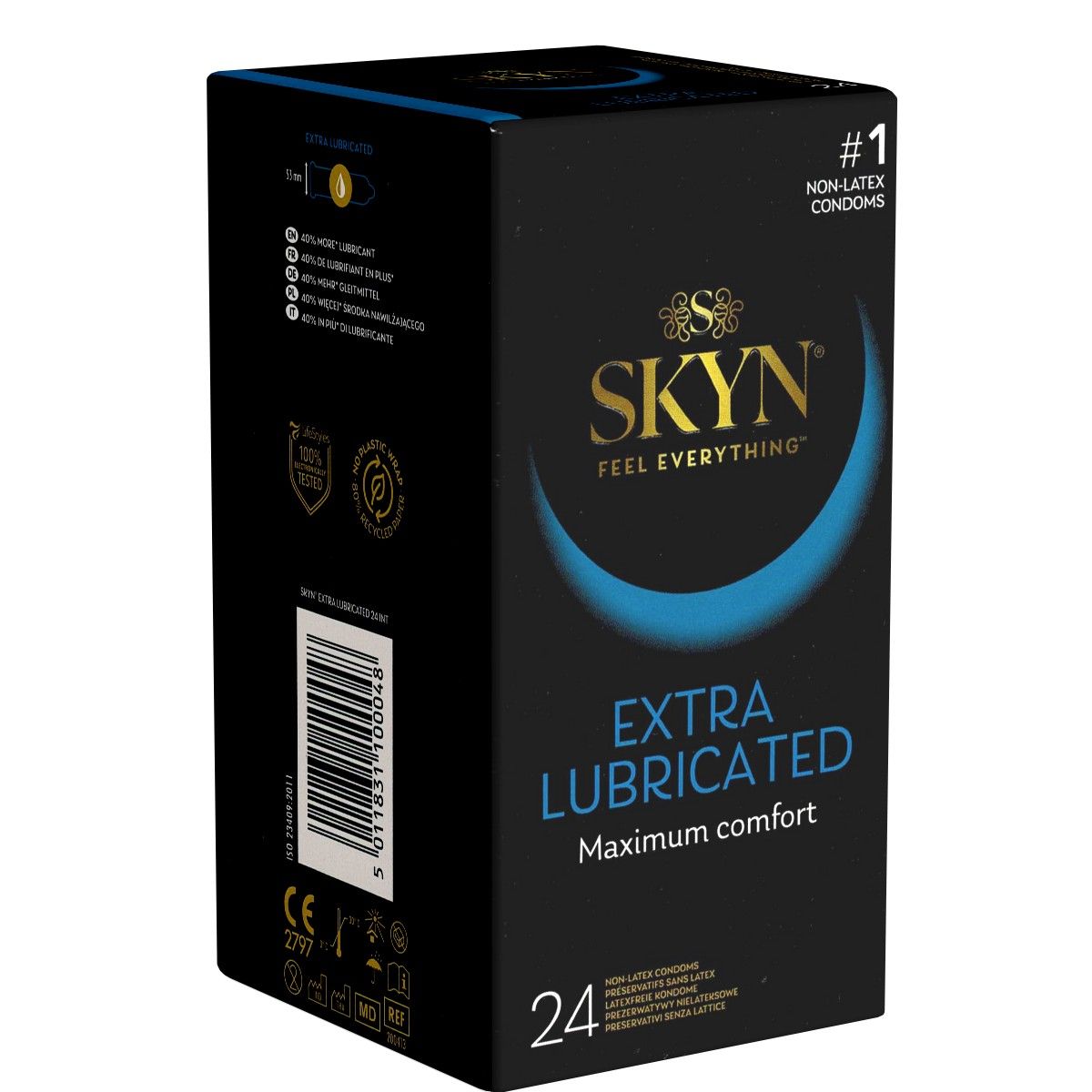 Zwarte verpakking met SKYN, EXTRA LUBRICATED en 24 stuks. #1 niet-latex condooms. Opschrift « Maximum comfort ».