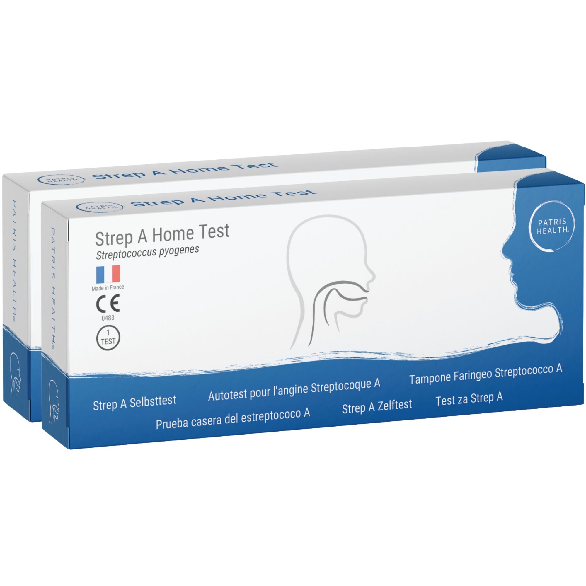 Twee verpakkingen Patris Health® Strep A Home Test. Verpakking met productnaam en CE-markering.