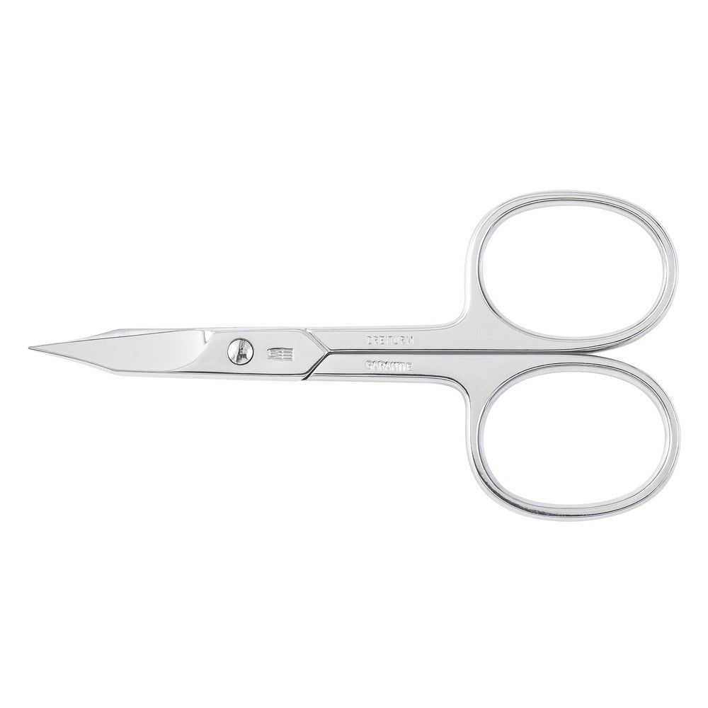 Ciseaux combinés incurvés en métal. Deux ouvertures rondes pour les doigts. Lames incurvées pointues. Inscription sur la lame.