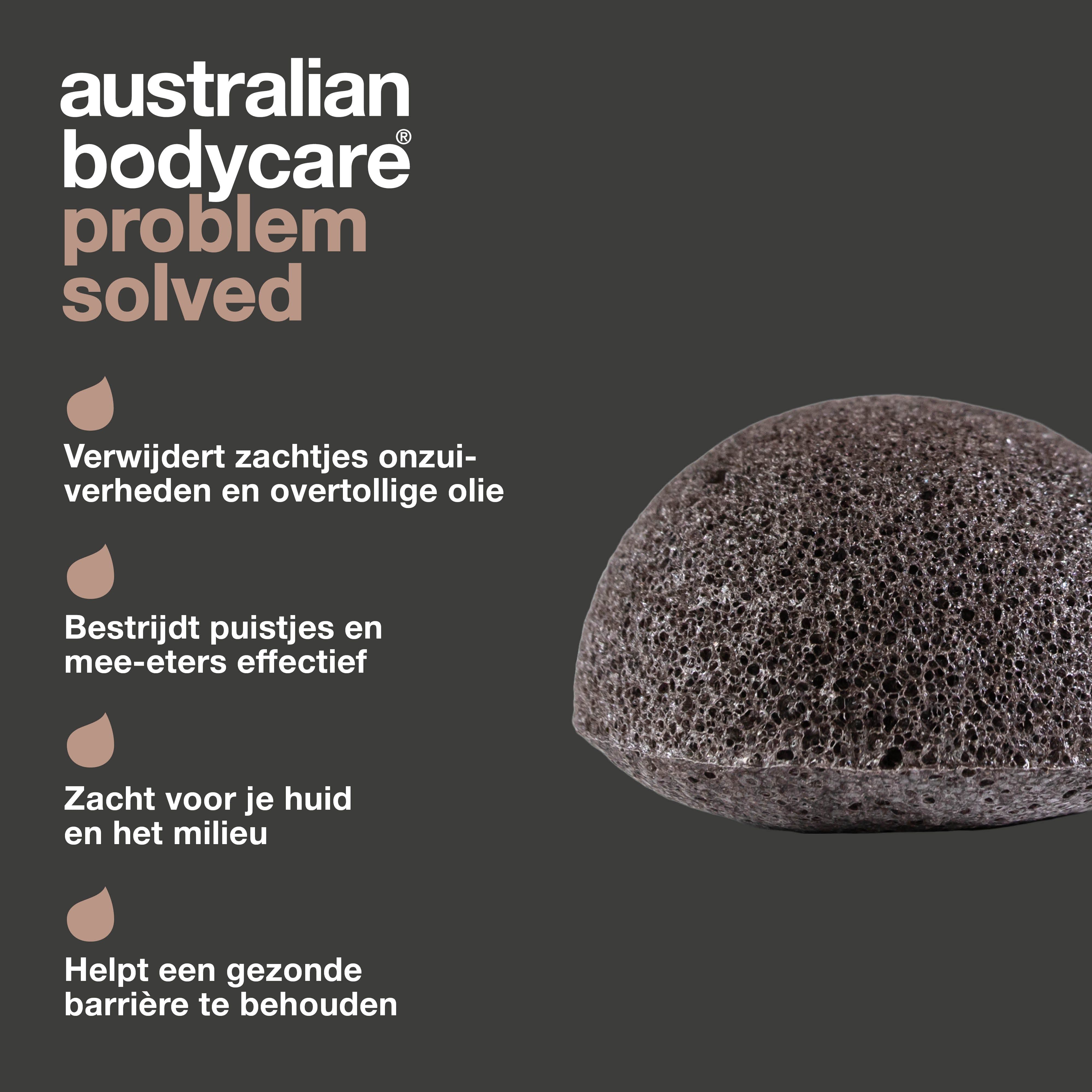 Konjac-spons. Tekst: Australian Bodycare, probleem opgelost. Verwijdert onzuiverheden, bestrijdt puistjes, zacht voor de huid.