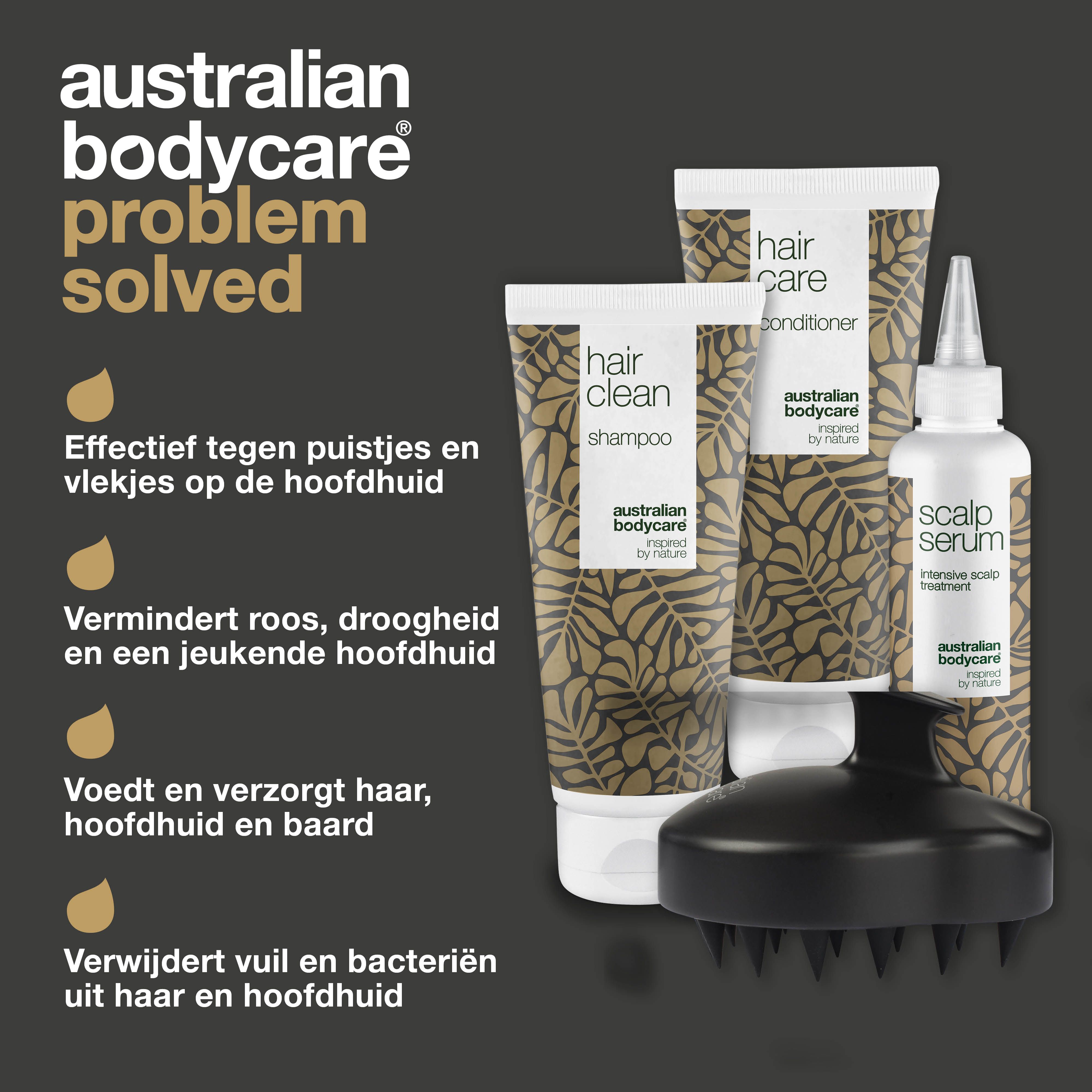Productset met shampoo, conditioner, serum en hoofdhuidborstel. Tekst: Probleem opgelost. Productvoordelen.
