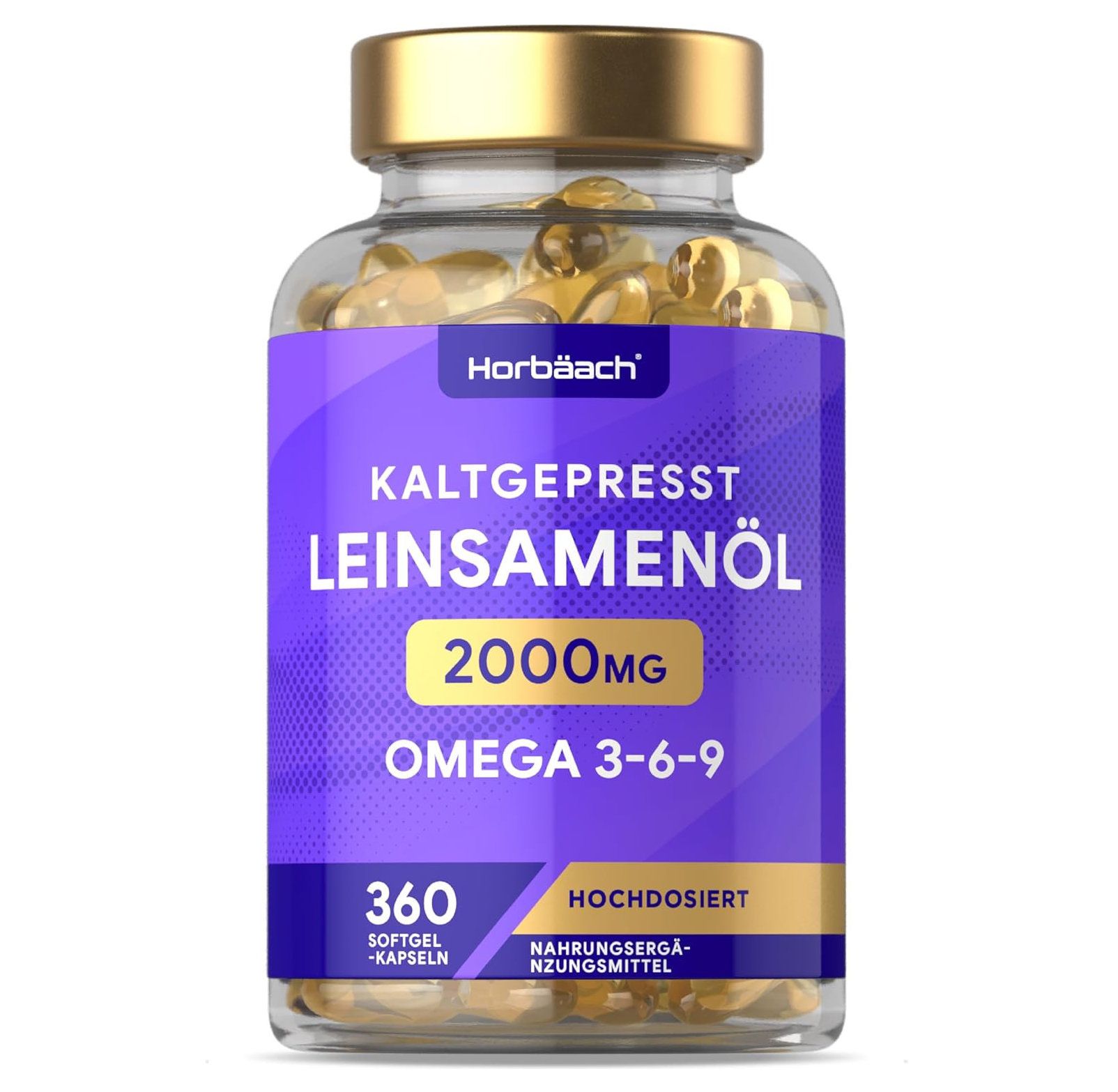 Flesje capsules. Opschrift: Koudgeperste lijnzaadolie 2000mg Omega 3-6-9. 360 softgel capsules.