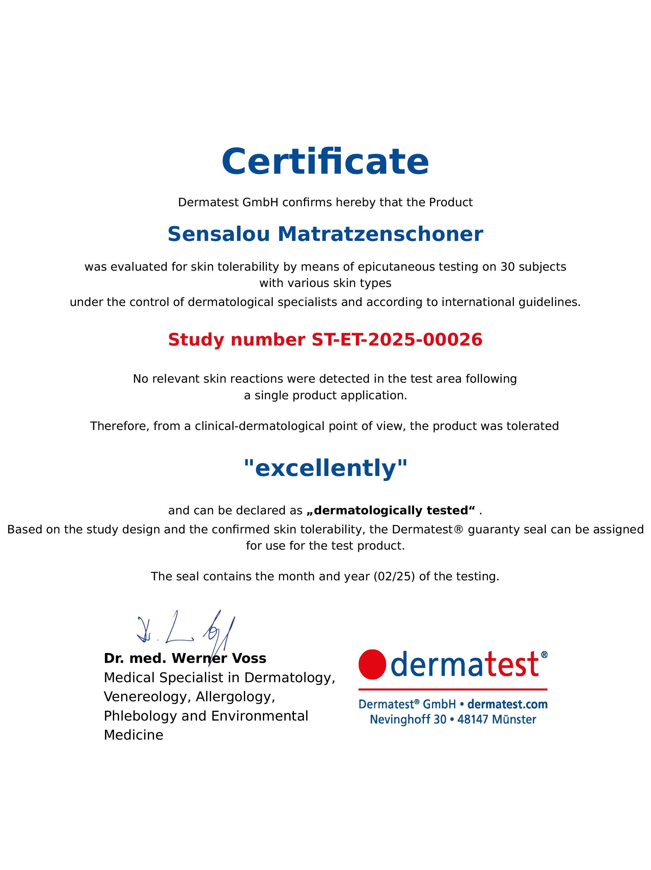 Certificat Dermatest. Confirme la tolérance cutanée. Protège-matelas Sensalou.