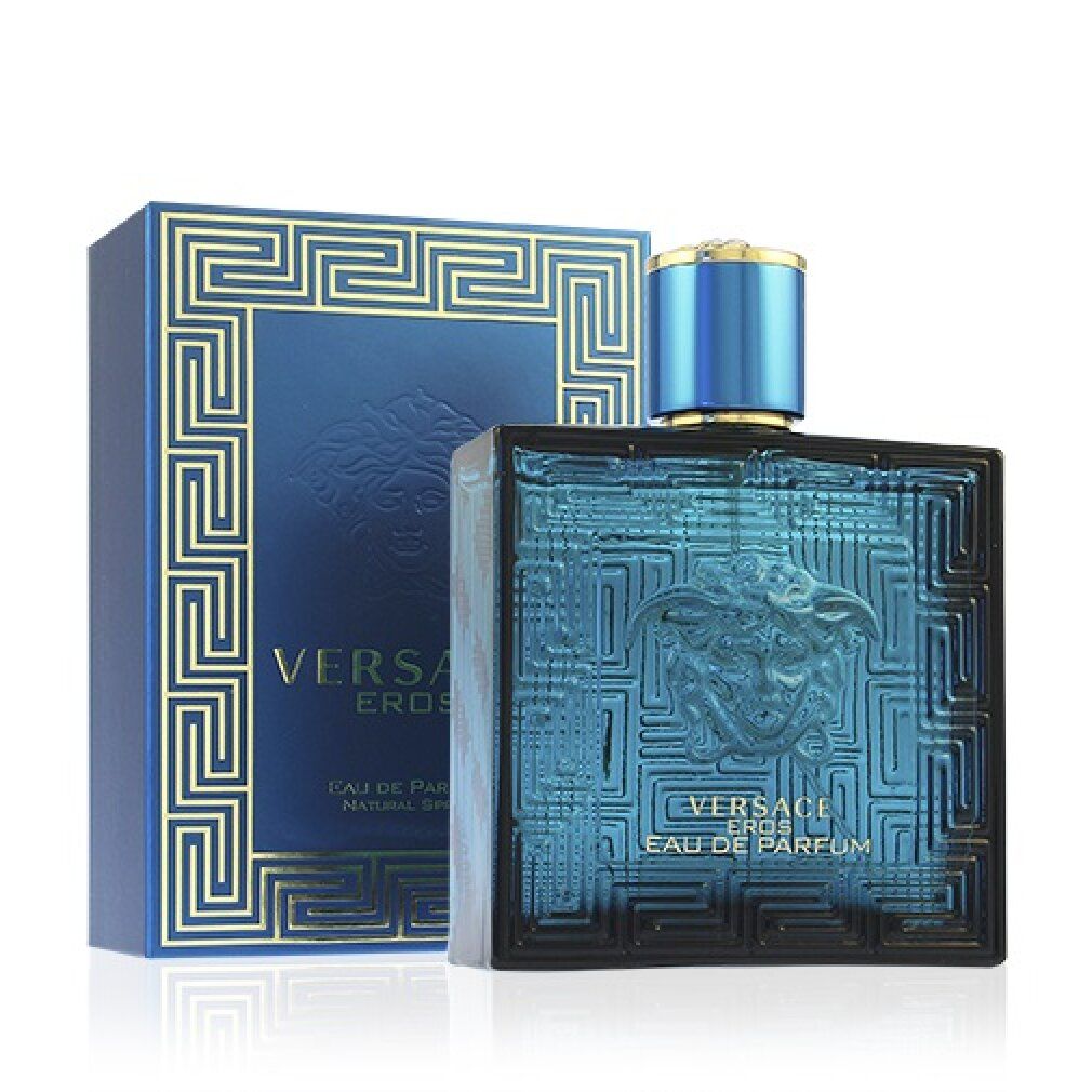 Flacon et boîte turquoise avec décorations dorées. Inscription: Versace Eros Eau de Parfum.