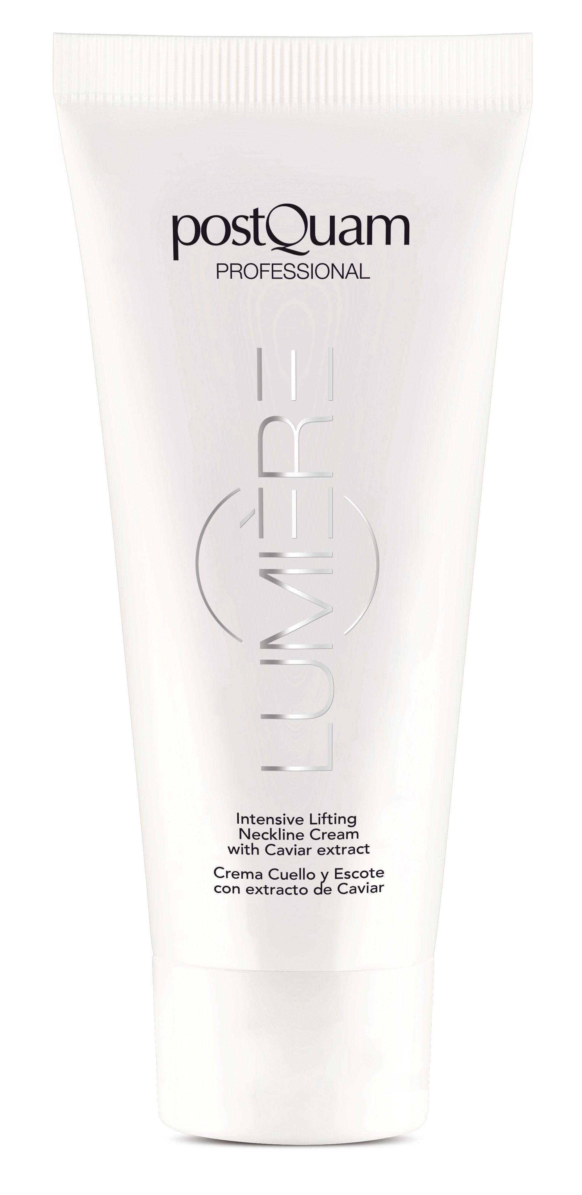 Tube blanc avec texte et logo. Texte: PostQuam Professional, Caviar Lumiere. Intensive Lifting Neckline Cream.