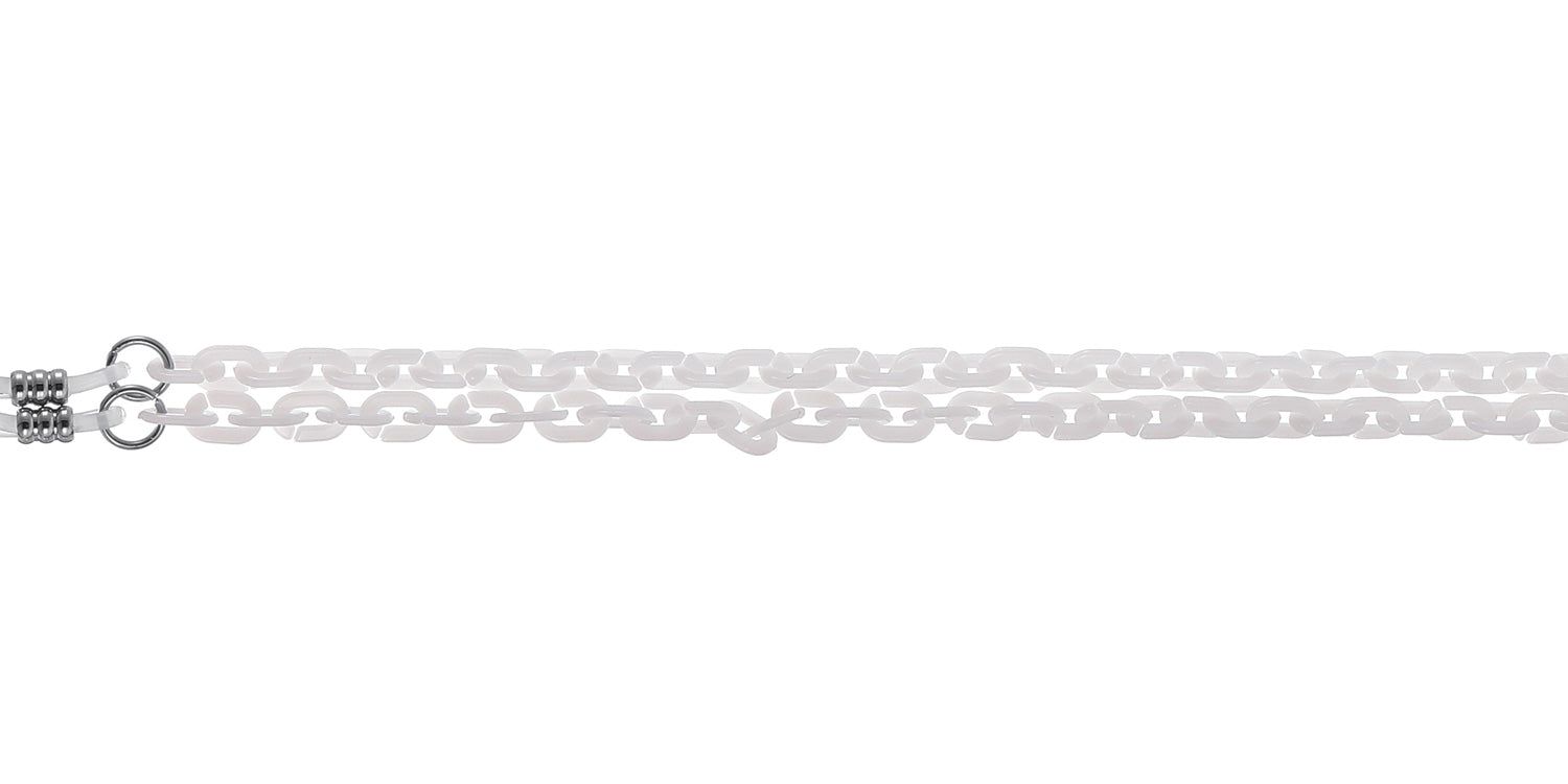 Cordon à lunettes blanc. Maillons de chaîne avec extrémités métalliques. Sur fond blanc.
