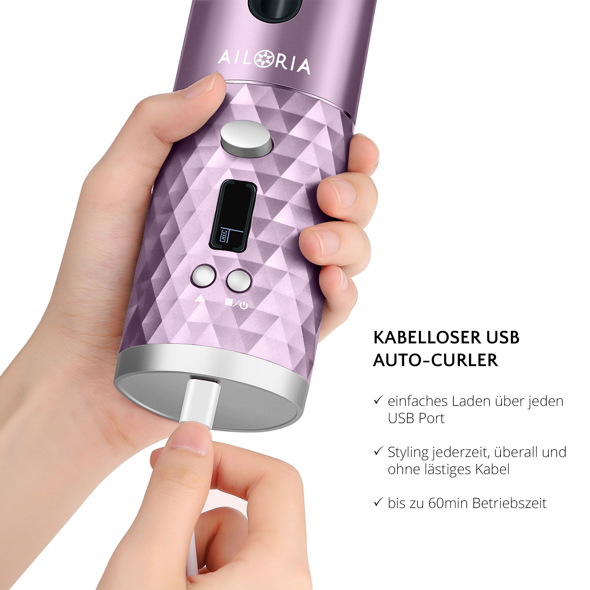 Fer à boucler avec port USB. Montre le chargement sans fil. Marque AILORIA.