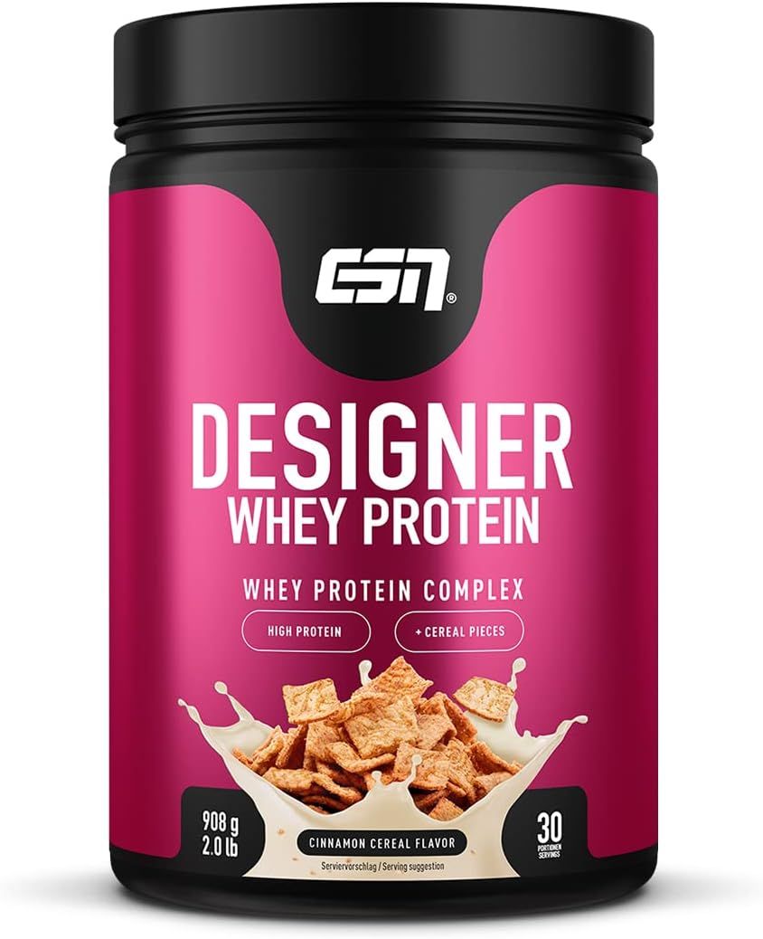 Pot ESN Designer Whey Protein. 908 g, 2.0 lb, 30 portions. Saveur Cinnamon Cereal. Texte : High Protein, morceaux de céréales.