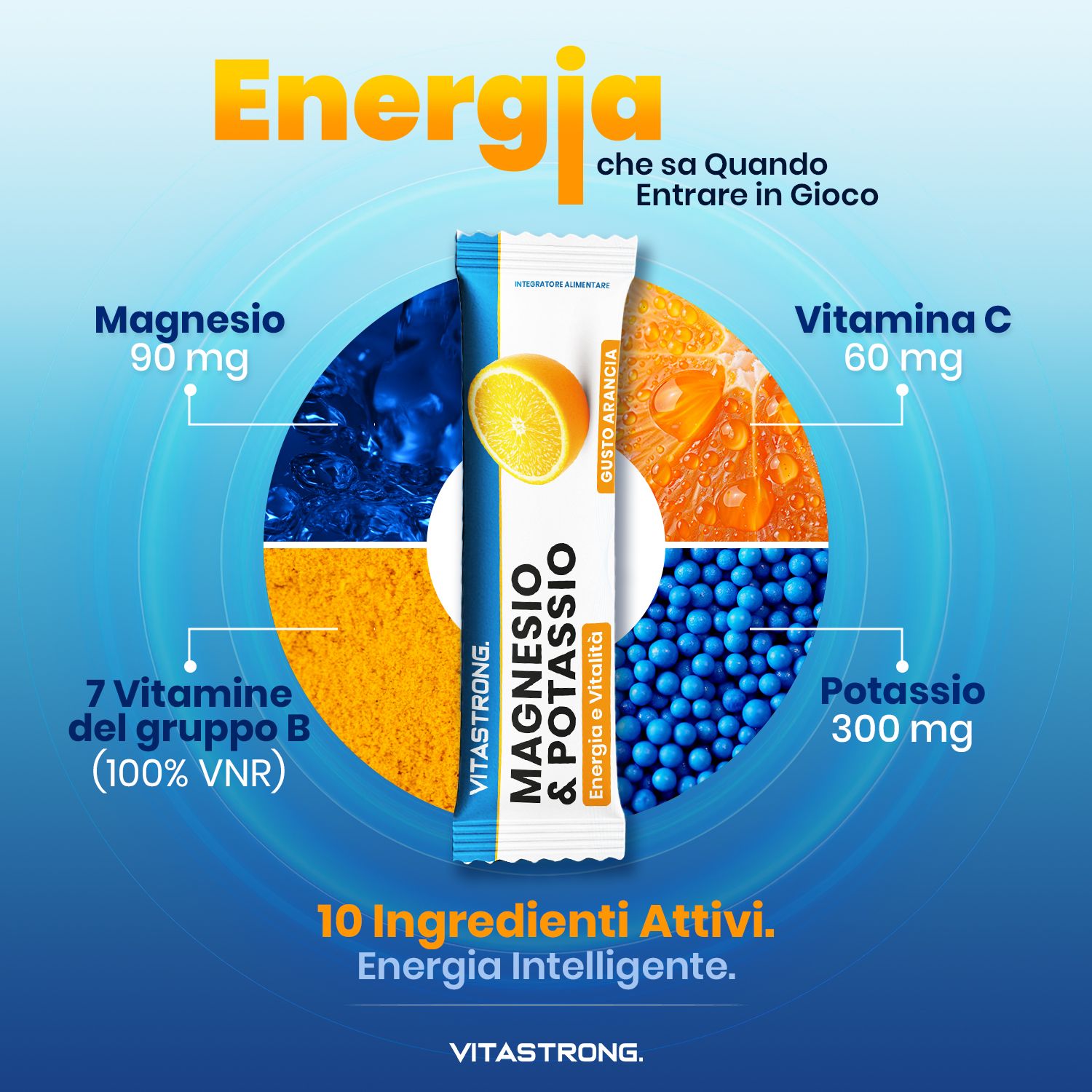 Vitastrong Magnesium & Kalium stick met sinaasappel. Tekst: Energie. Met ingrediënten en hoeveelheden. 10 ingrediënten.