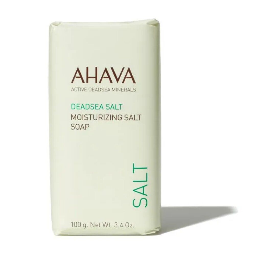 Savon AHAVA DEADSEA SALT. Emballage rectangulaire avec texte vert. Poids net: 100 g.