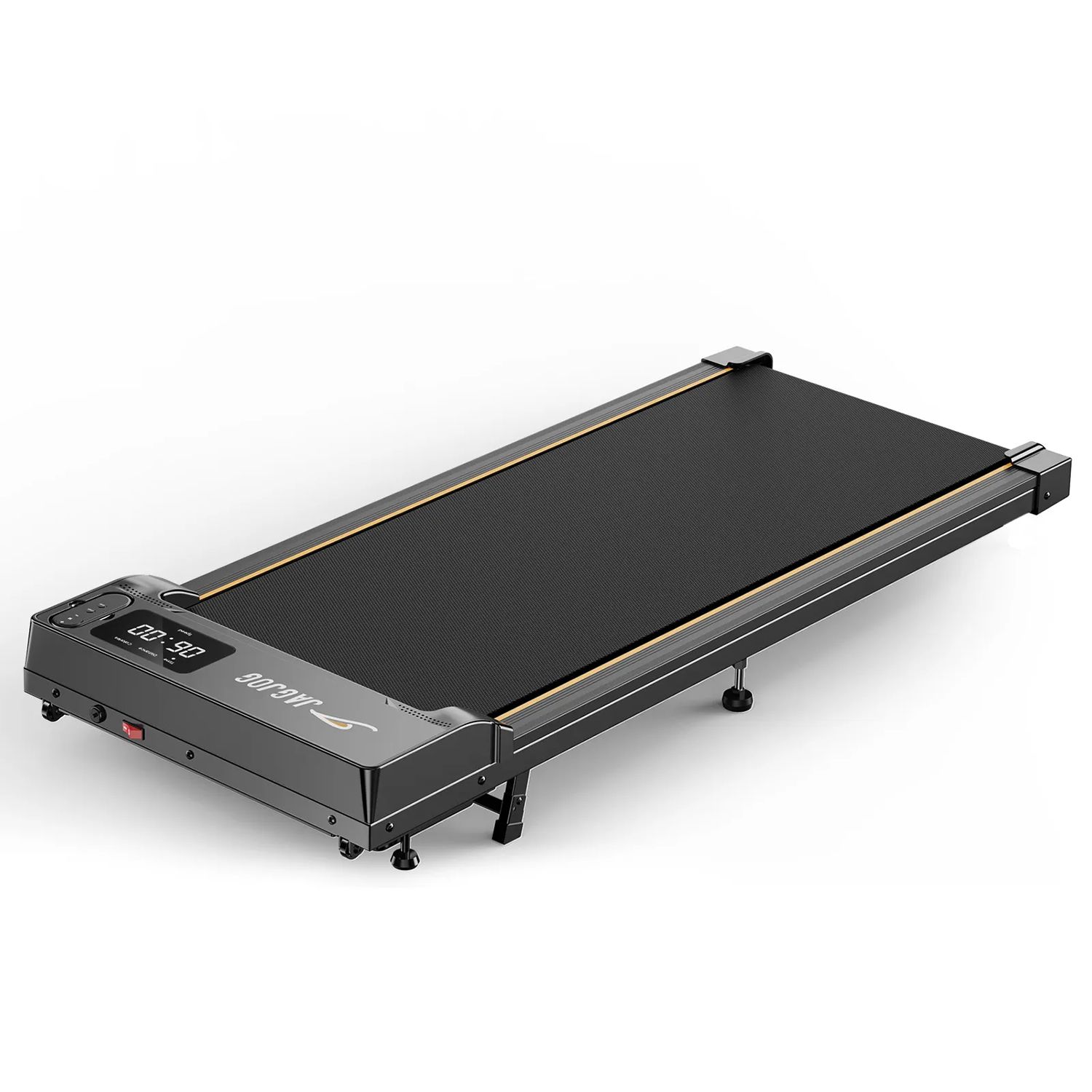 Zwarte loopband met LED-display. Plat ontwerp, rechthoekige vorm. Grijze accenten.