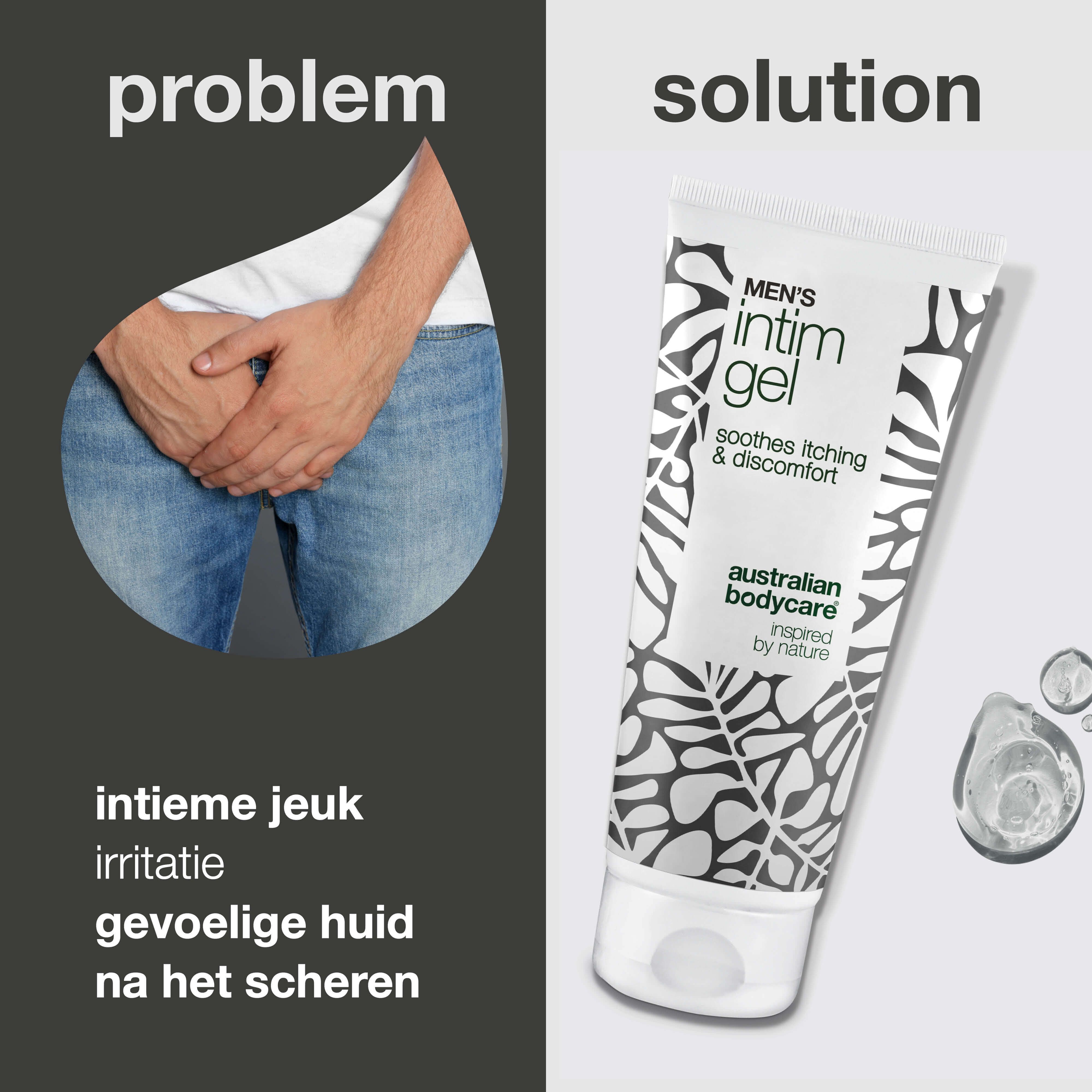 Afbeelding: Man, handen op schoot. Rechts: Tube intieme gel. Tekst: Men's Intim Gel. Druppels.