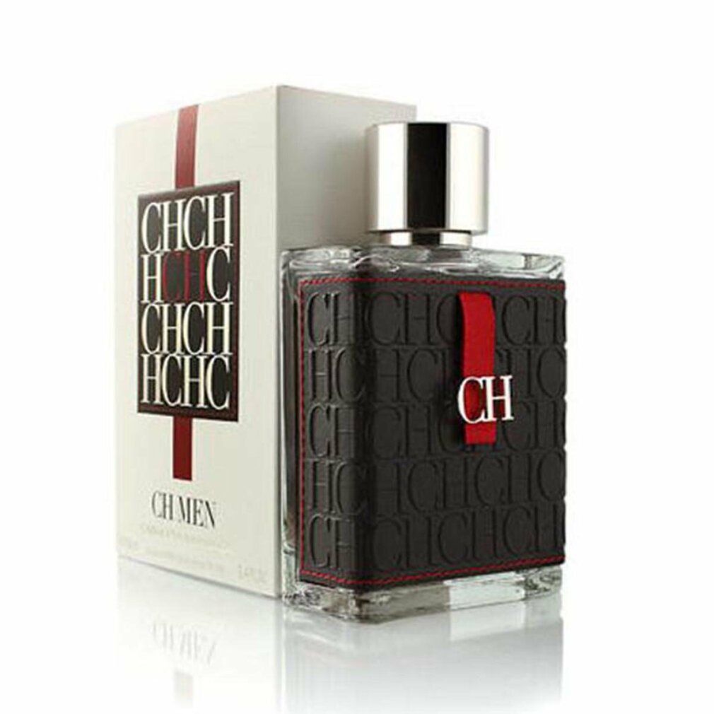 Eau de Toilette fles en verpakking. Zwart imitatieleer, rode streep, zilveren dop. CH MEN.