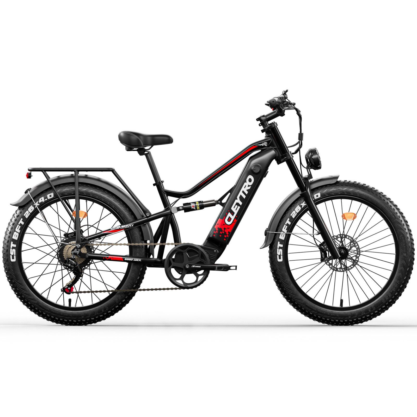 VTT électrique noir avec porte-bagages. Pneus larges, suspension. Marque Cleytro.
