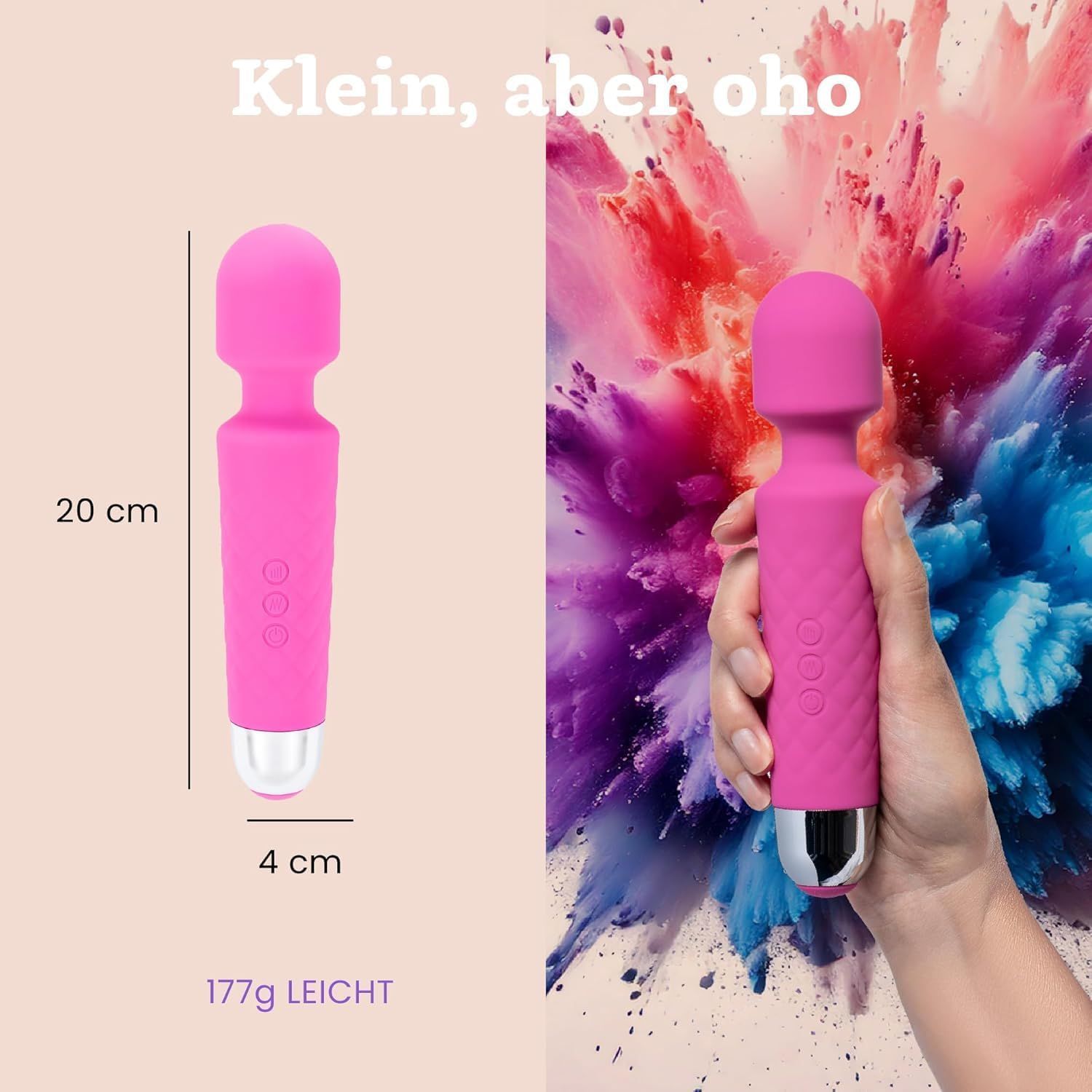 Vibrateur rose, 20 cm de long, 4 cm de large, 177g. Dimensions et poids du produit.