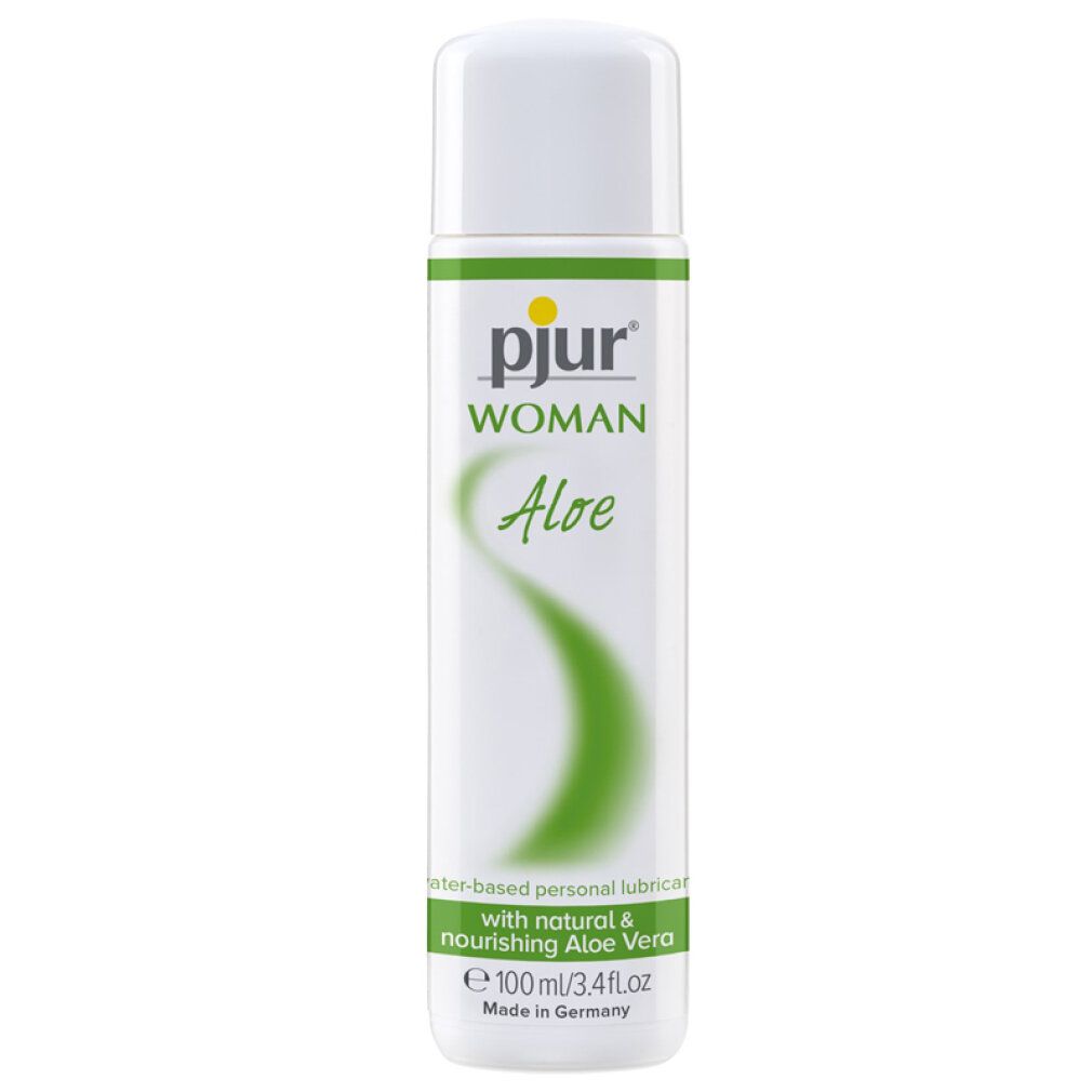 Witte fles met geel logo "pjur" en tekst "WOMAN Aloe". Bevat "Water-based Personal Lubricant".