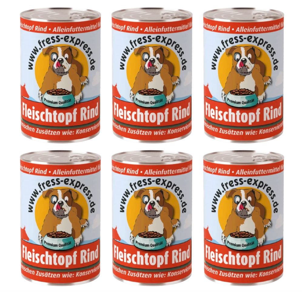 Six boîtes de nourriture pour chiens. Étiquette : Fleischtopf Rind, Alleinfuttermittel. Logo : chien avec bol. Inscription : fress-express.de.
