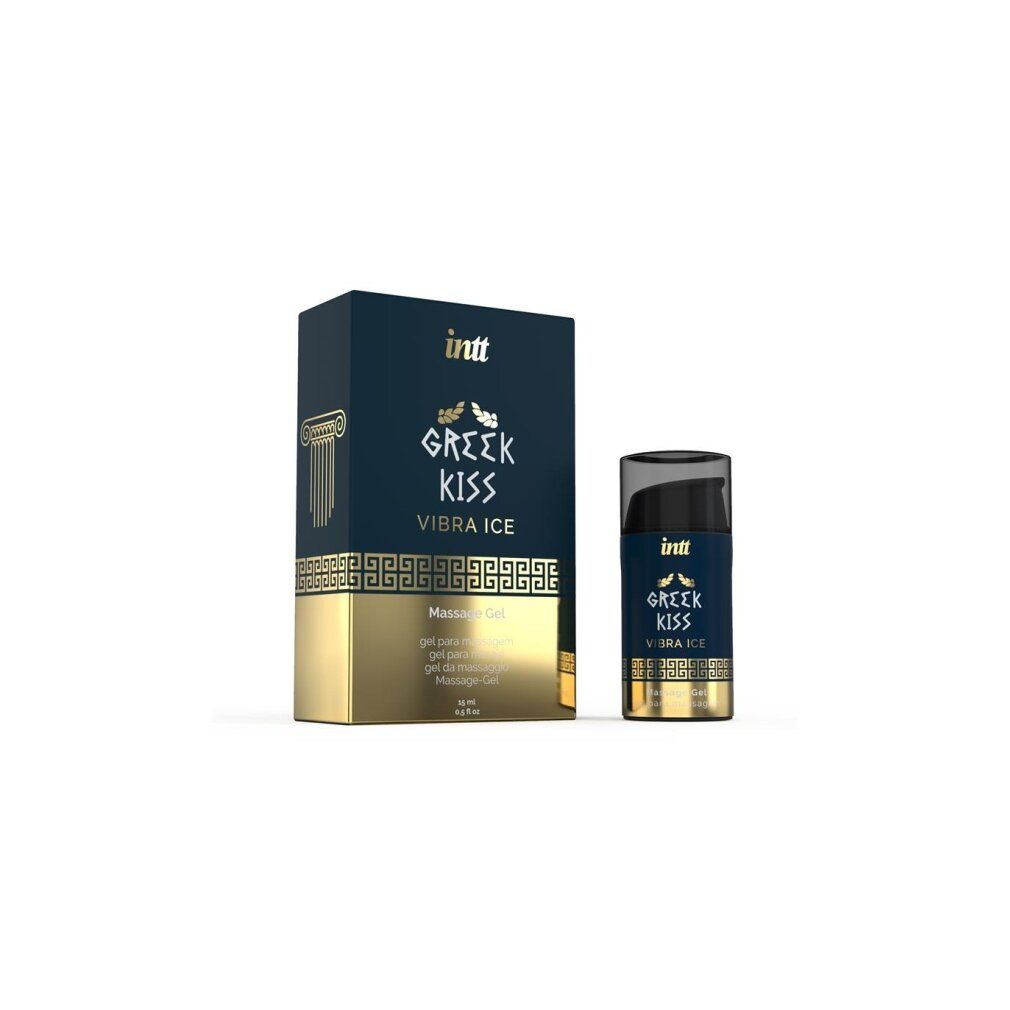 Emballage et flacon du gel de massage INTT Greek Kiss Vibra Ice.