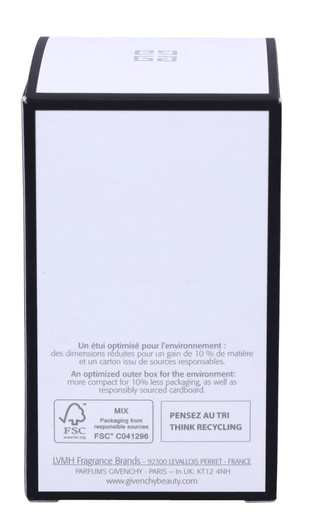Dos de l'emballage de Givenchy L'Interdit. Texte sur l'éco-responsabilité et le recyclage. Certification FSC.