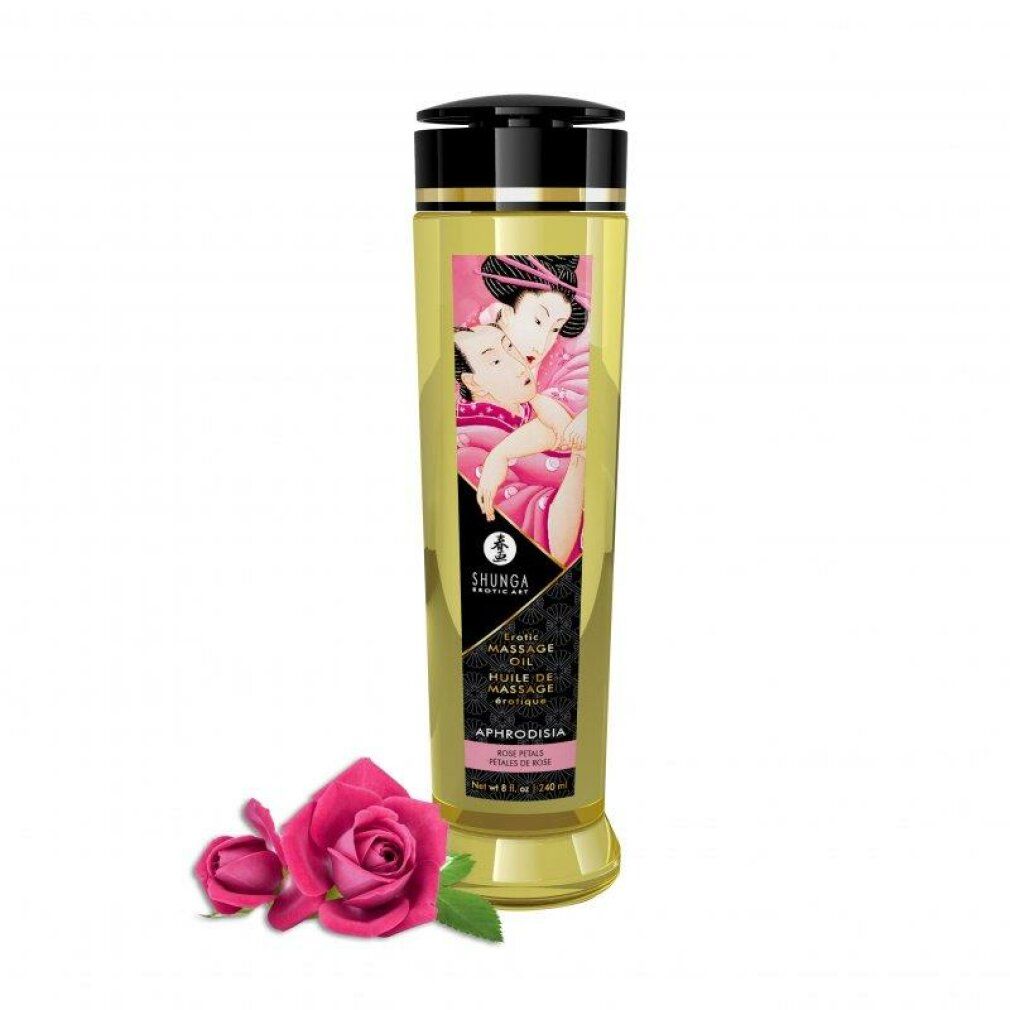 Shunga Massageolie Aphrodisia Rozen, gouden fles, met twee rozen ervoor.
