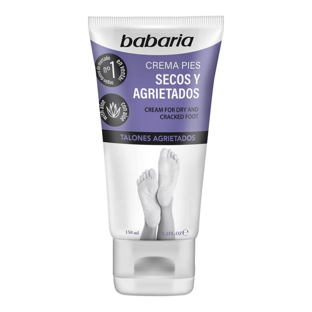 Tube blanc avec bouchon violet. Inscription: Babaria, crème pour pieds secs. Avec aloe vera. 150 ml.