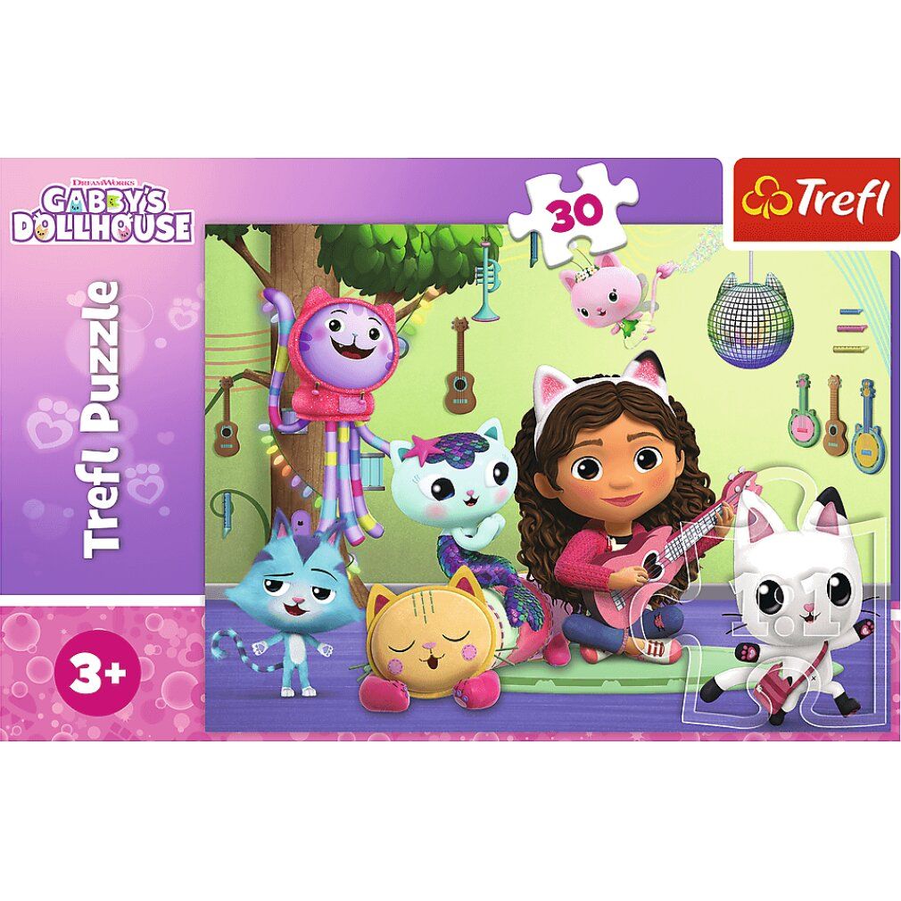 Puzzle Trefl, 30 pièces. Motif avec Gabby et personnages de chats. Logo et recommandation d'âge 3+. Pièces de puzzle et emballage.