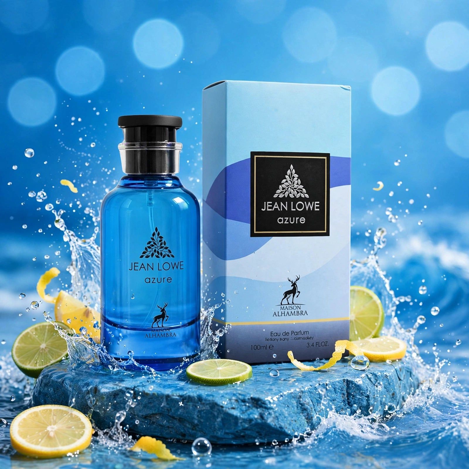 Jean Lowe Azure Eau de Parfum, 100ml, met citrusvruchten en waterspetters.