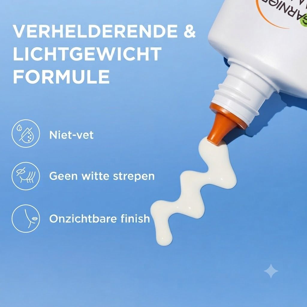 Witte crème komt uit een tube op blauwe achtergrond. Tekst: Verhelderende & lichte formule, Niet-vet, Geen witte strepen, Onzichtbare finish.
