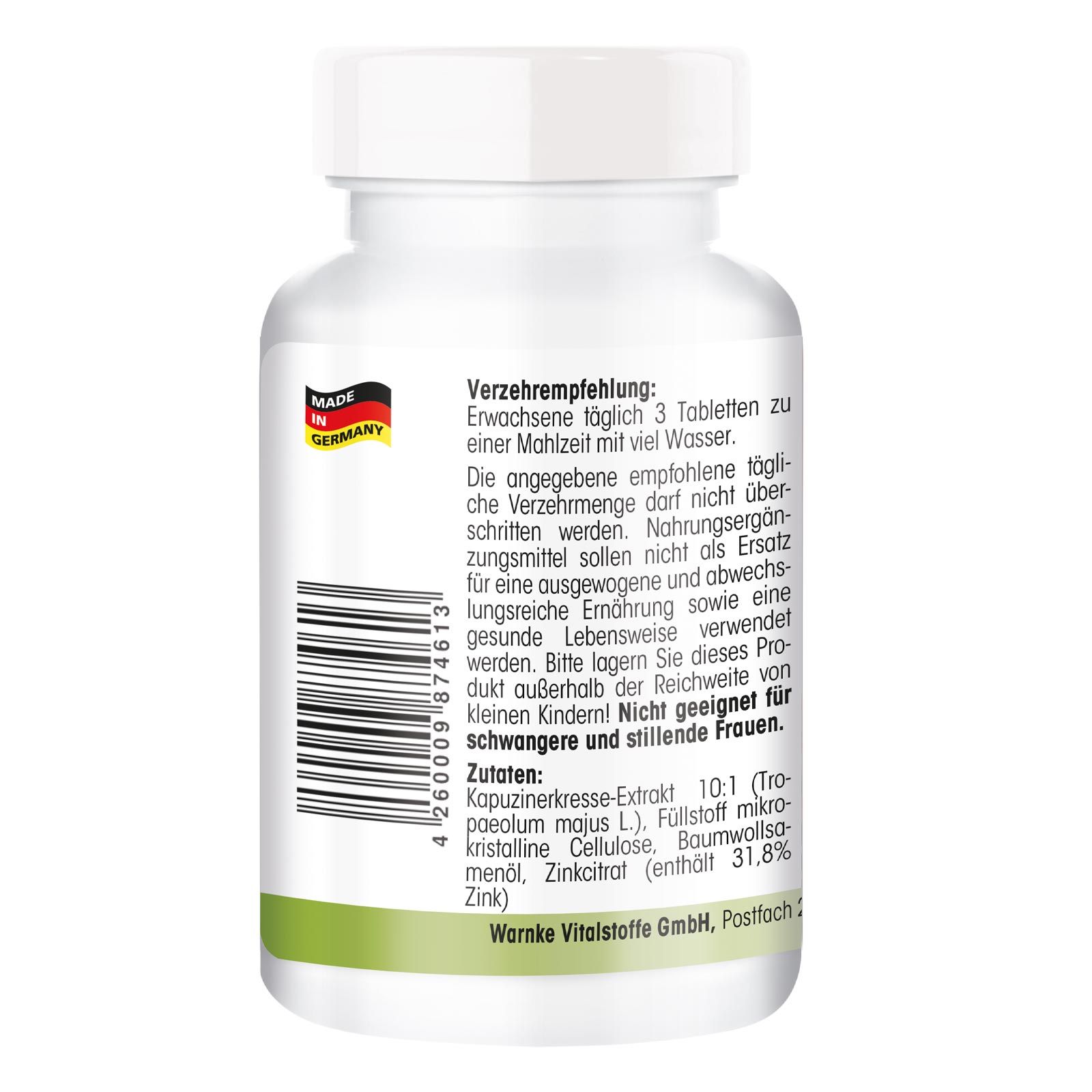 Achterkant van een witte tabletfles. Tekst: Aanbevelingen, ingrediënten, Warnke Vitalstoffe GmbH. Made in Germany.