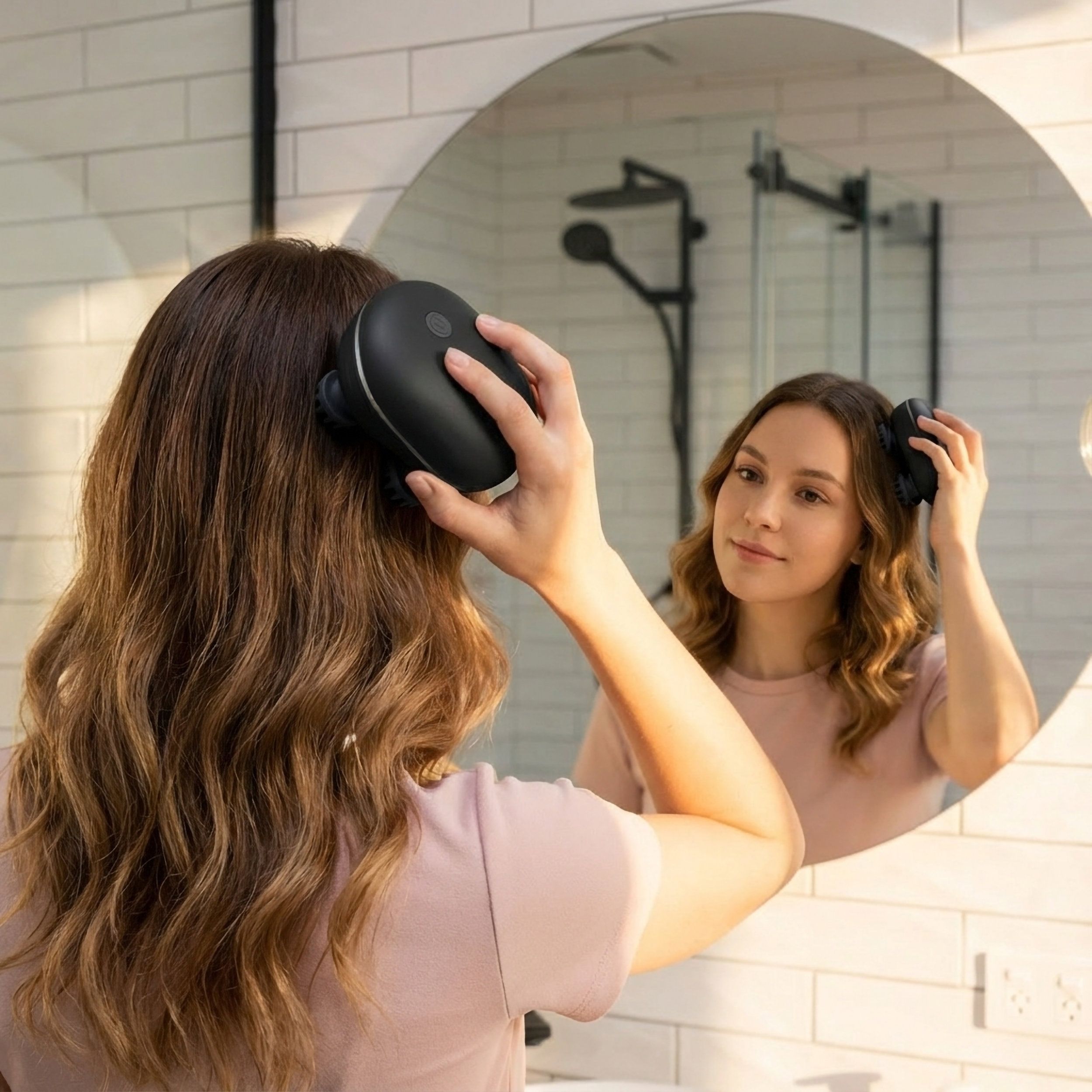 Femme avec masseur noir devant un miroir. L'appareil a des têtes de massage grises. Le reflet montre la femme massant son cuir chevelu.