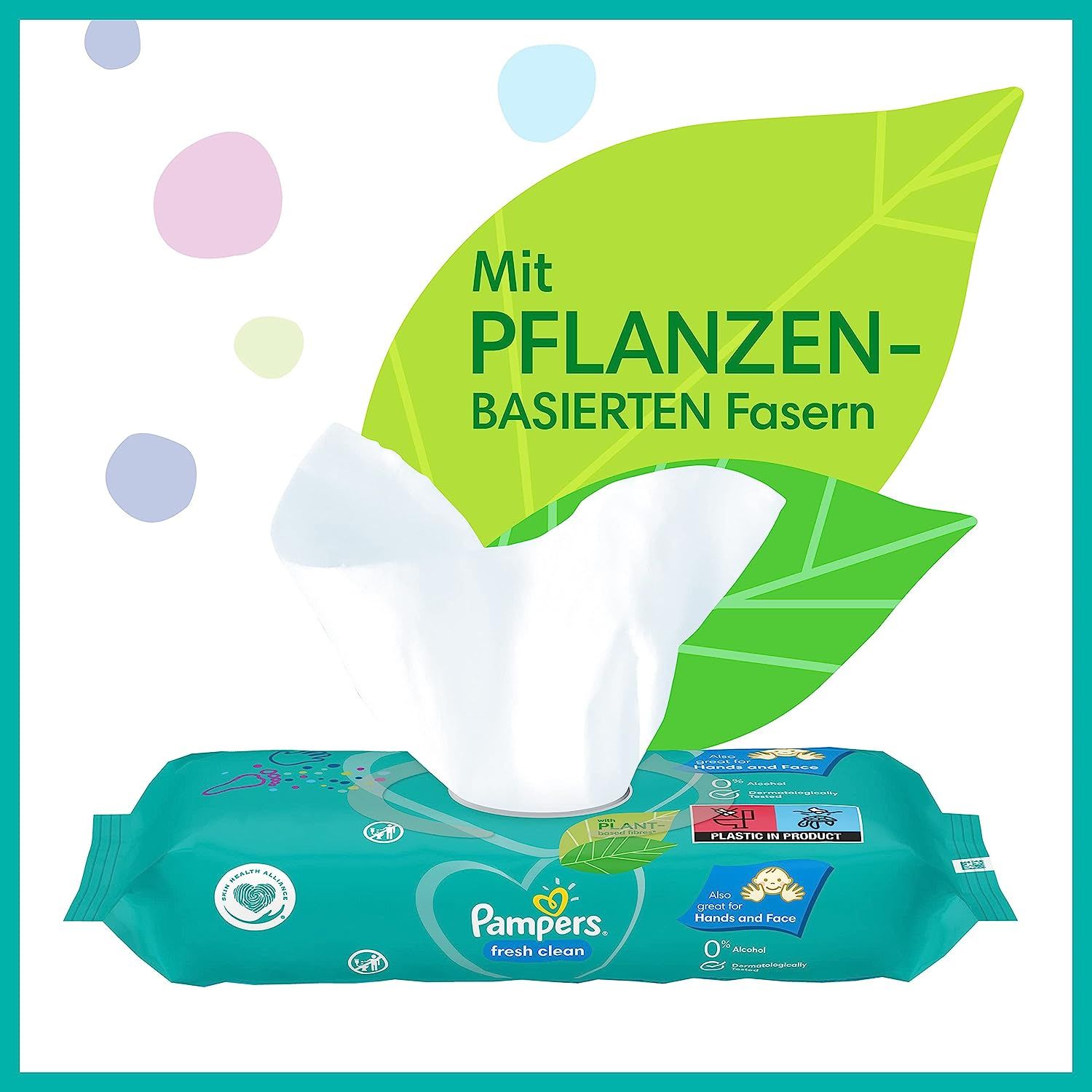 Paquet de lingettes avec lingette tirée. Texte : "Avec fibres végétales". Logo "Pampers fresh clean".