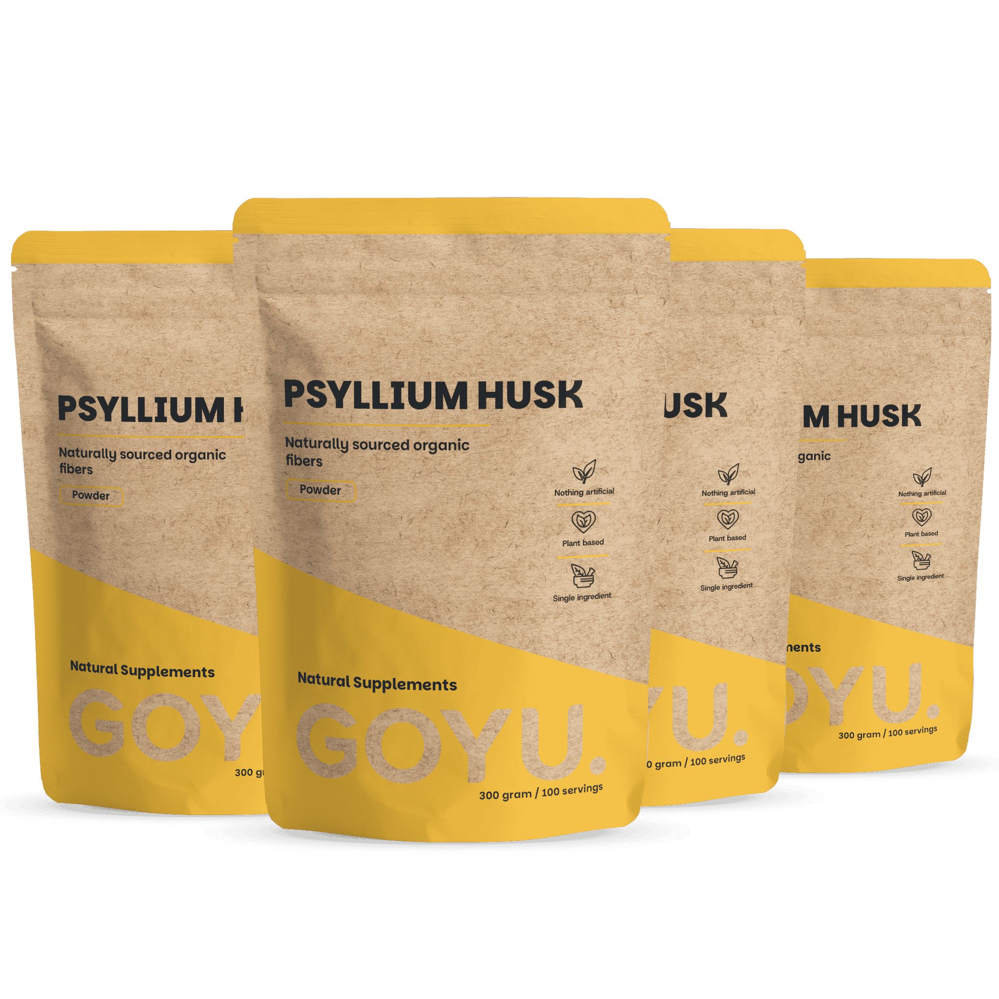 Vier pakken GOYU Psyllium Husk poeder, 300g per pak. Natuurlijke vezels.