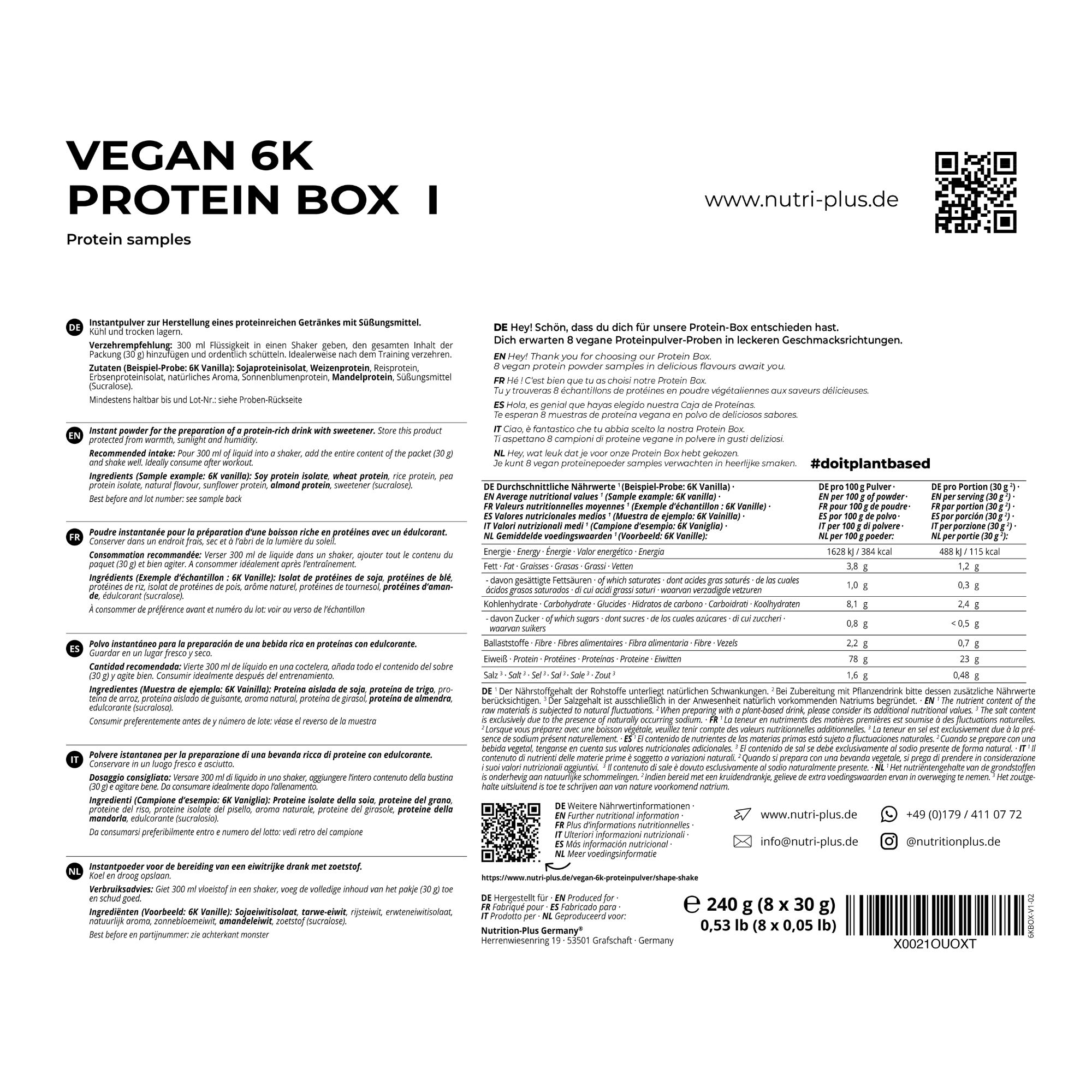 Productverpakking met tekst en voedingswaarde-informatie. Tekst: Vegan 6K Protein Box I, Protein samples, www.nutri-plus.de.