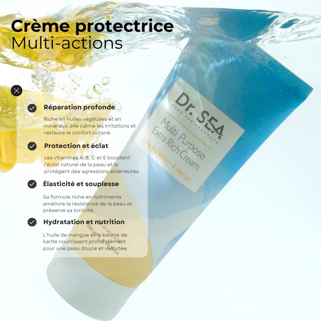 Tube DR. SEA Multi Purpose Extra Rich Cream, Mango. Dans l'eau. Texte avec avantages: soin en profondeur, protection, élasticité, hydratation.