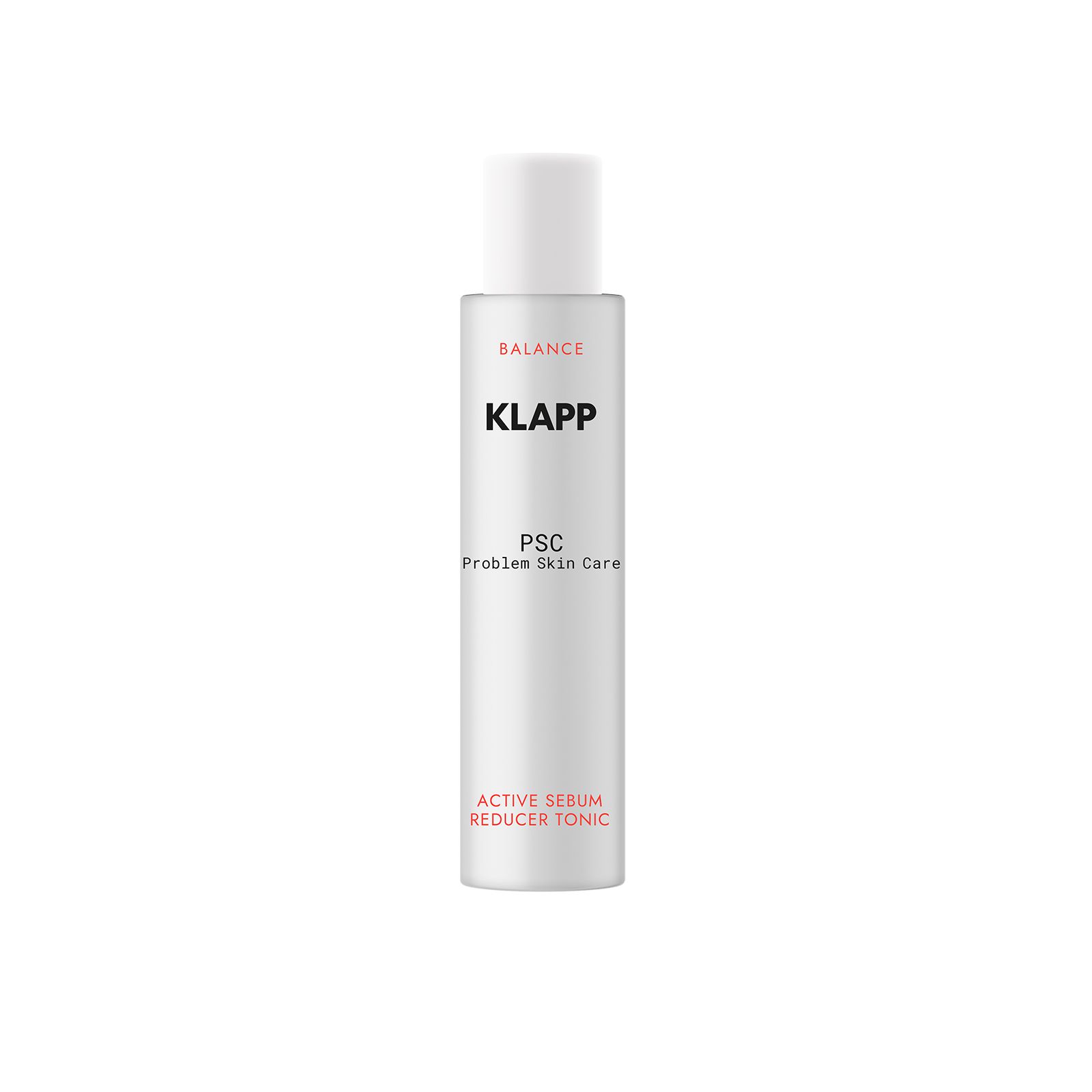 Cilindrische fles met Klapp-logo en PSC-aanduiding. Tekst: Active Sebum Reducer Tonic.
