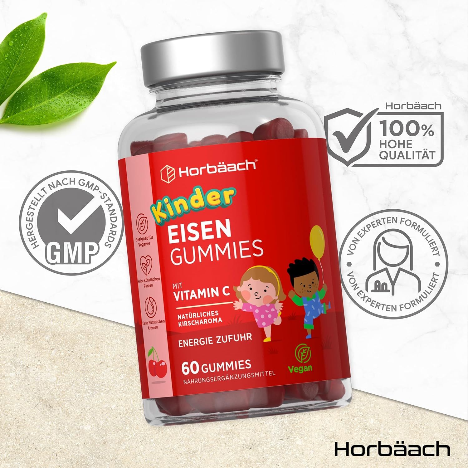 Flacon avec gommes rouges. Étiquette rouge "Kinder Eisen Gummies". Certification GMP et haute qualité. 60 gommes.
