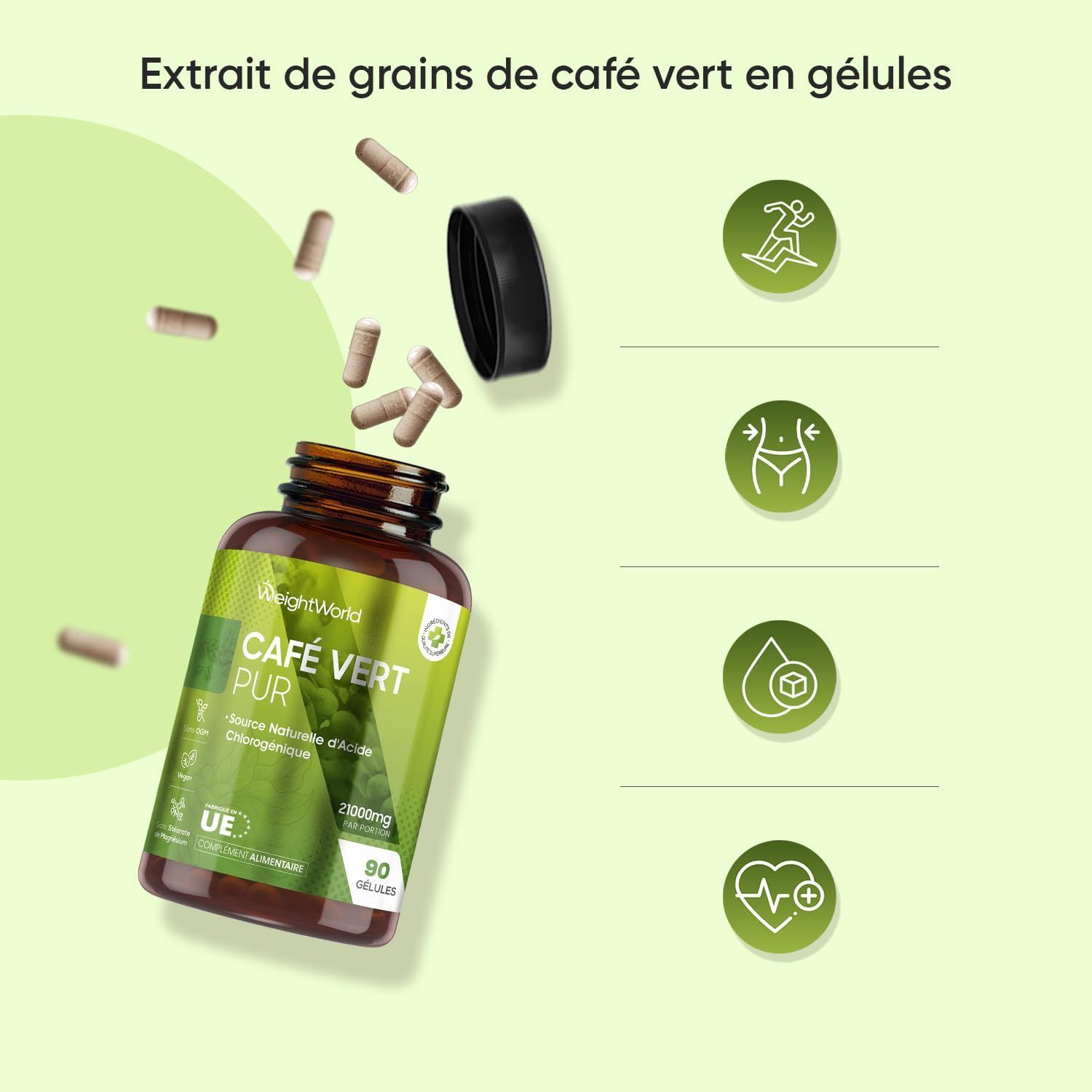 Gélules WeightWorld Café Vert : 420mg, vegan, sans gluten, sans lactose.