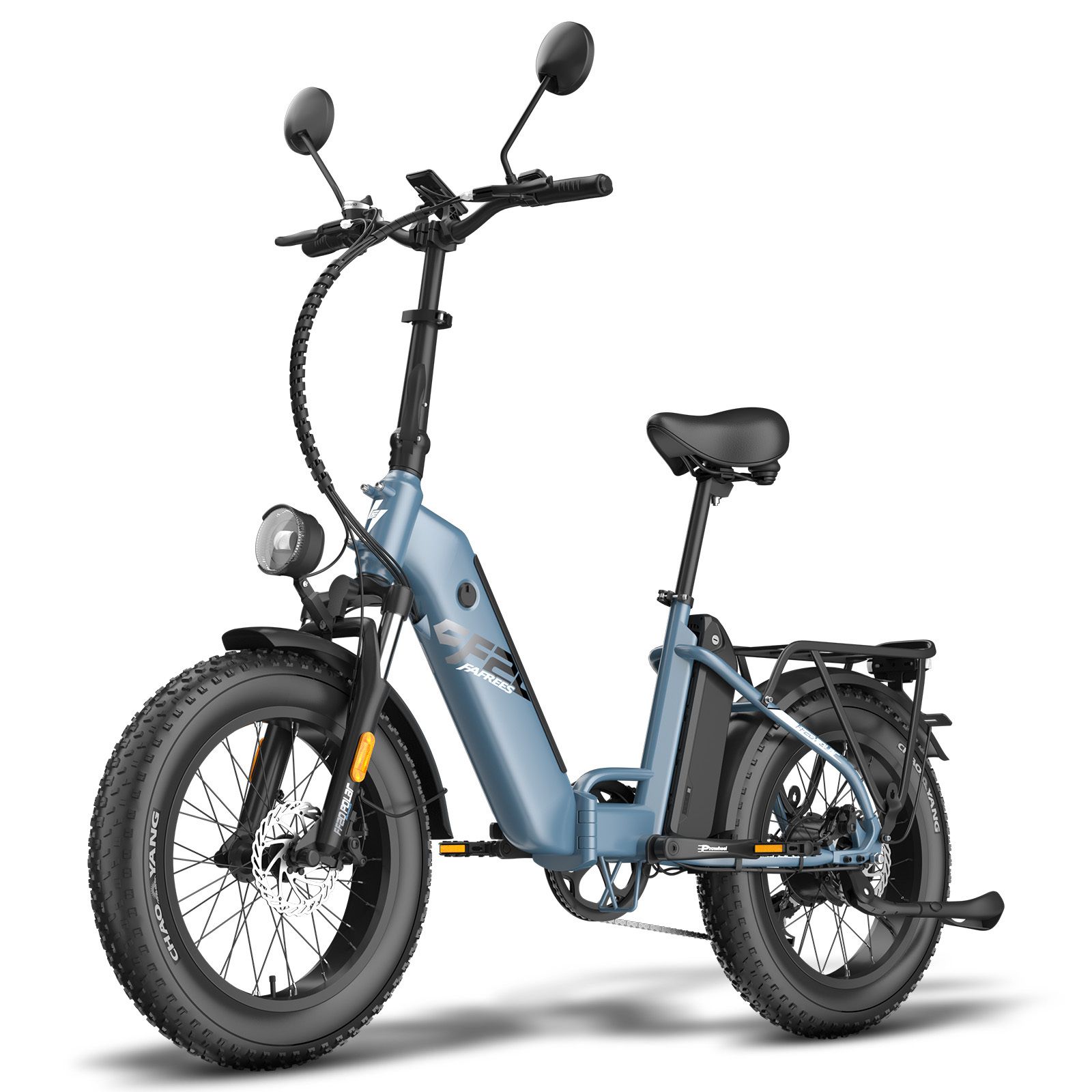 Vélo électrique bleu Fafrees FF20 Polar avec double batterie. Pneus, selle et porte-bagages noirs. Phare avant.