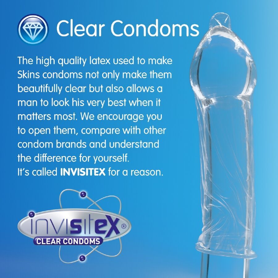 Préservatif transparent sur fond bleu. Texte : Clear Condoms, Invisitex. Décrit les caractéristiques des préservatifs SKINS.