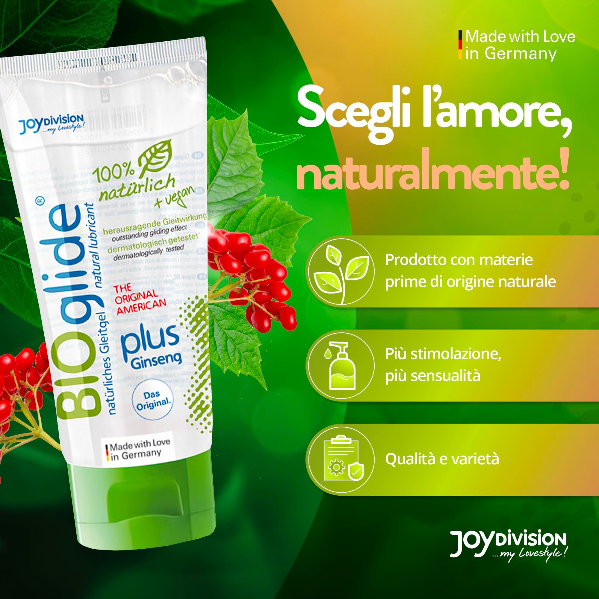 Tube Joydivision BIOglide plus Ginseng lubrifiant. "Made with Love in Germany". "Produit de matières premières naturelles".