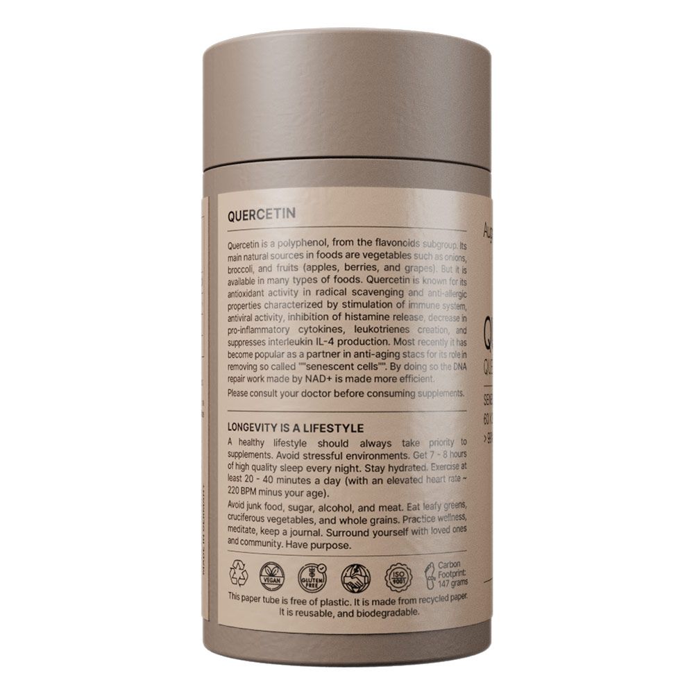 Tube en carton brun avec étiquette indiquant "QUERCETIN" et des informations sur le produit. Contient 147 grammes.