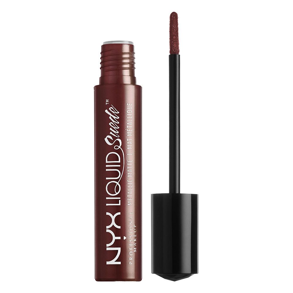 Rouge à lèvres liquide en flacon avec applicateur. Couleur marron. Inscription : NYX Liquid Suede.