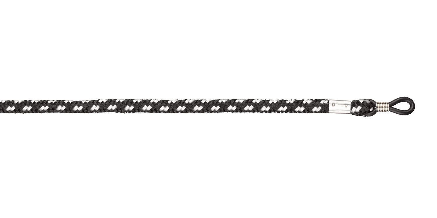 Brillenband, zwart-wit patroon. Lus voor bevestiging aan brilpoot. Metalen verbinding.